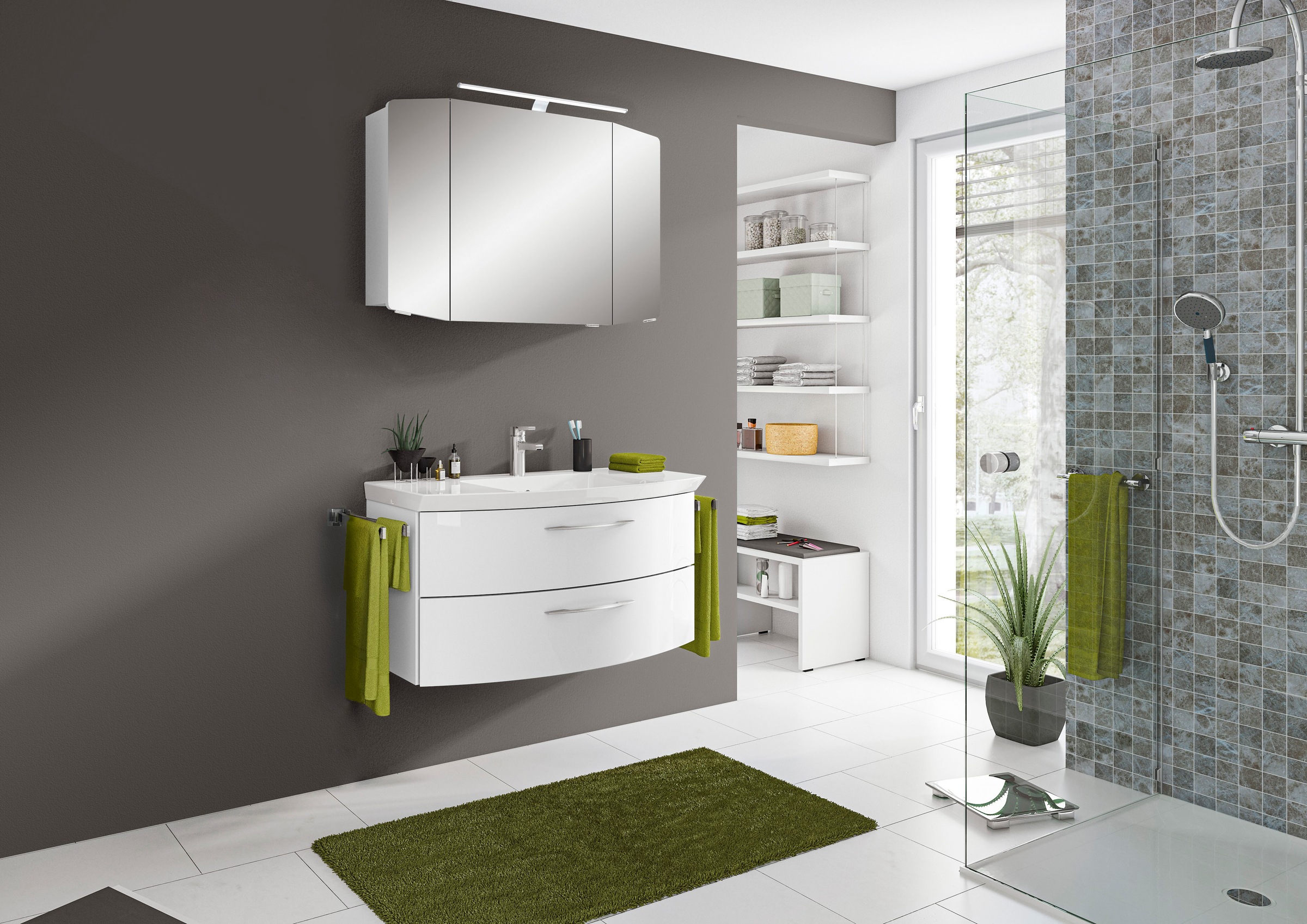 Saphir Badmöbel-Set »Cassca Sprint 2-teilig Mineralmarmor-Waschtisch mit LED-Spiegelschrank«, (2 St.), Waschplatz mit 2 Schubladen, inkl. Dämpfer, 101 cm breit