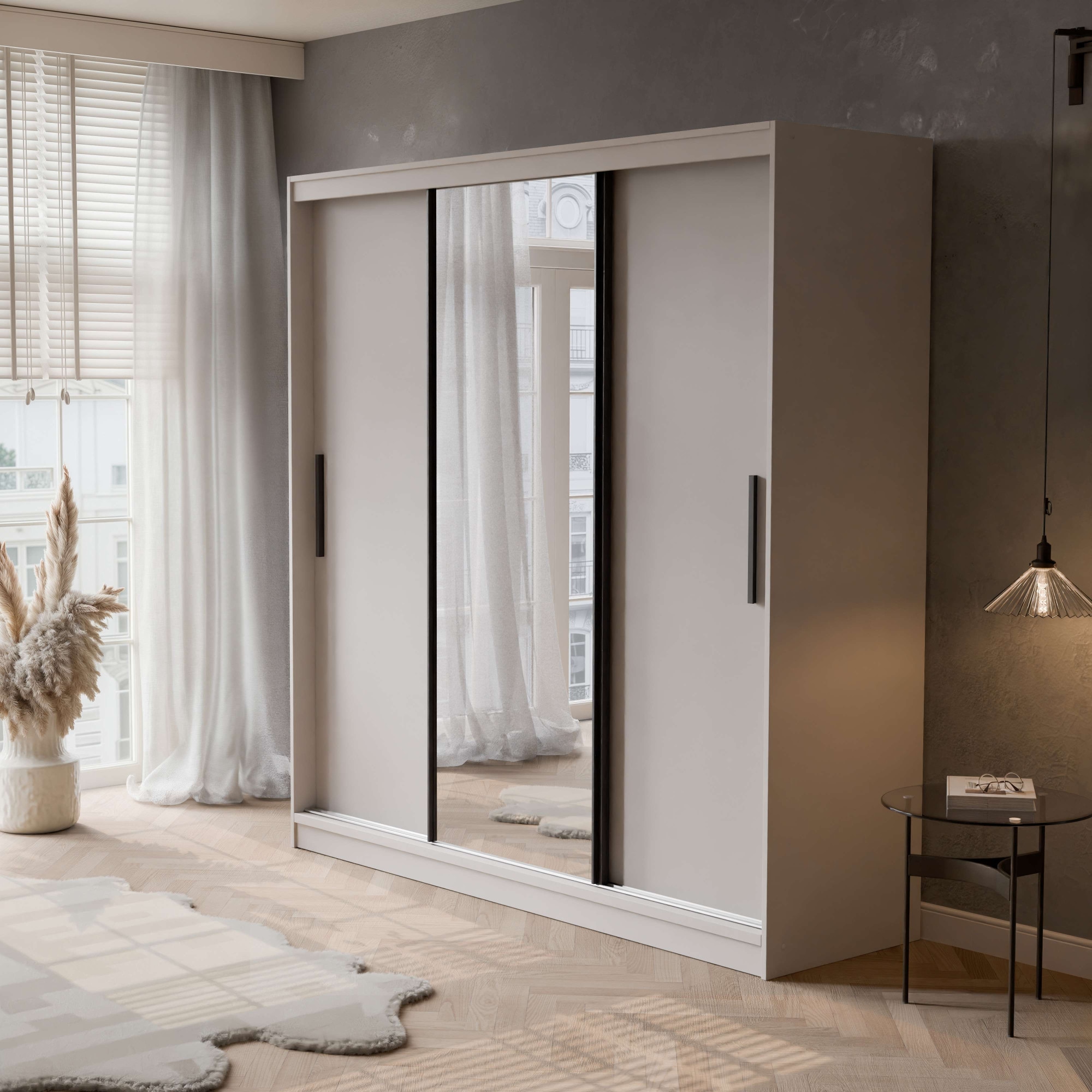 OTTO home Schwebetürenschrank »JORELLA, Premium Innenausstattung, maximaler Stauraum, Made in EU« H/B/T ca. 210/200/59 cm, 4 Schubladen, 2 Kleiderstangen, 8 Fächer,  3 Türen, schwarze Kontraste, Spiegel, modernes Design