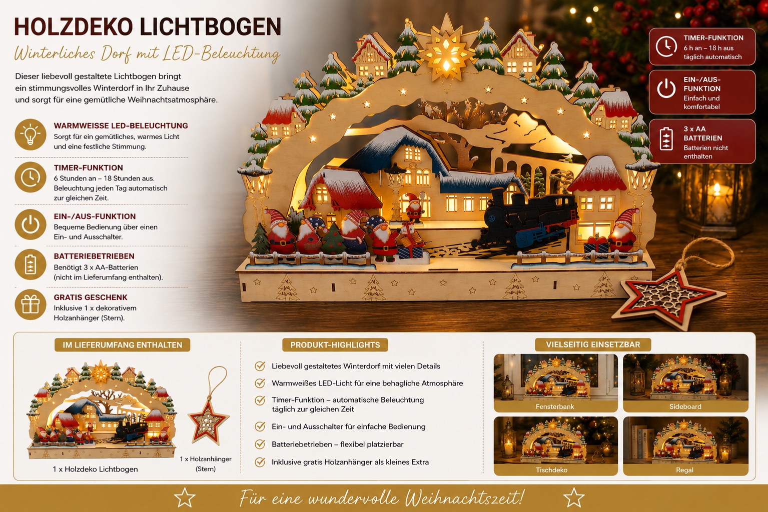 OTTO home LED Schwibbogen »winterliche 3D Kulisse, mehrstöckig, 1 Stück« 1 Gratis-Hänger, 6h-Timer, 3D-Optik, winterliche Kulisse, Höhe 30 cm