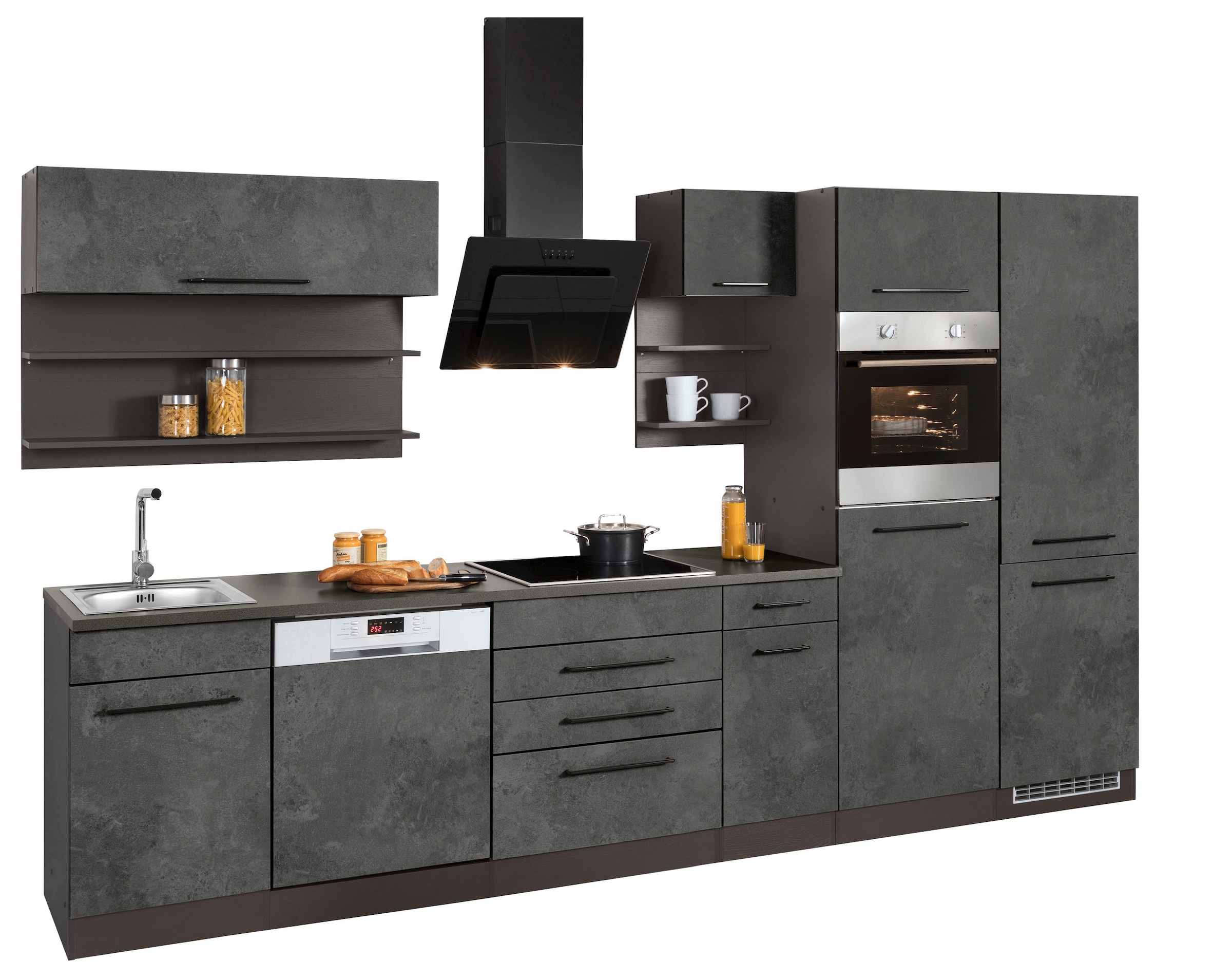 KOCHSTATION Küchenzeile »KS-Tulsa«, ohne E-Geräte, Breite 330 cm, schwarze Metallgriffe, MDF Fronten