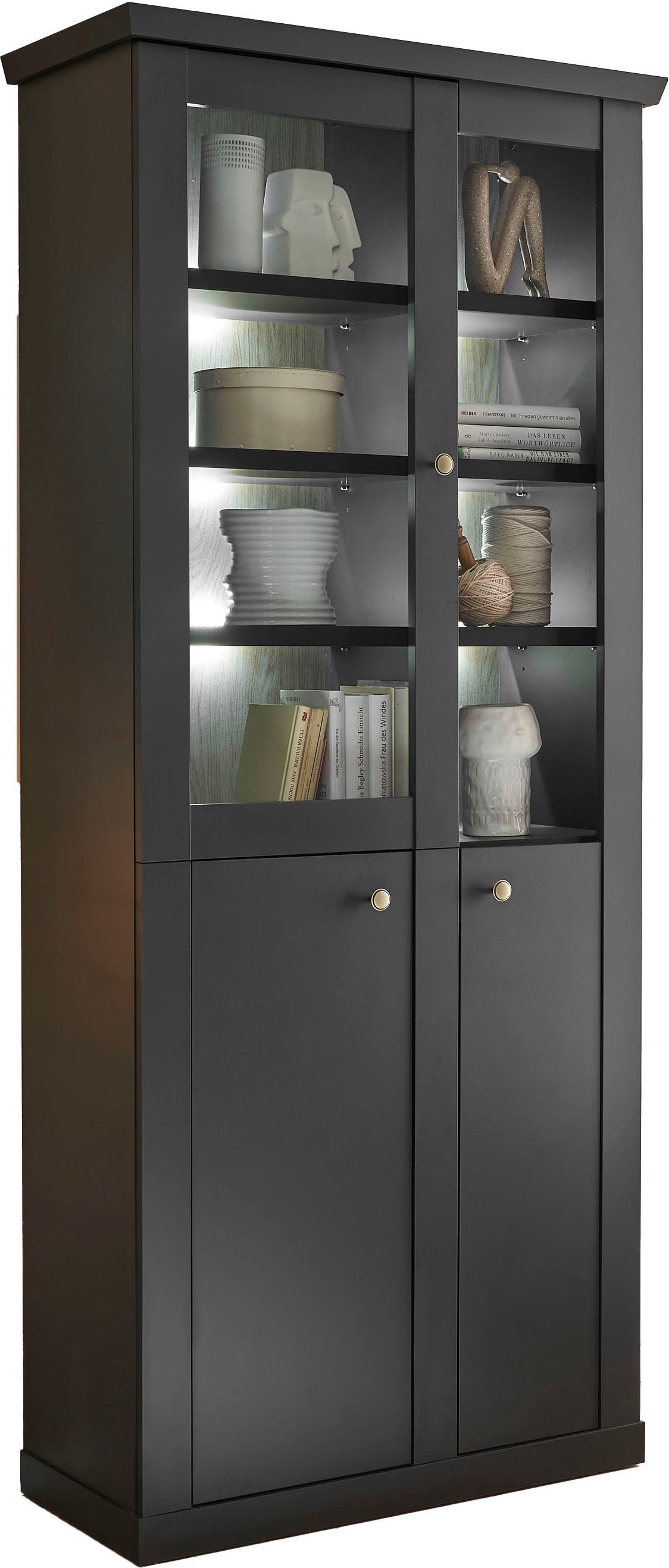 Home affaire Vitrine »Lincoln, Hochschrank im Landhausstil, moderne Glasvitrine« edles Design, messingfarbene Knopfgriffe, vielseitig einsetzbar