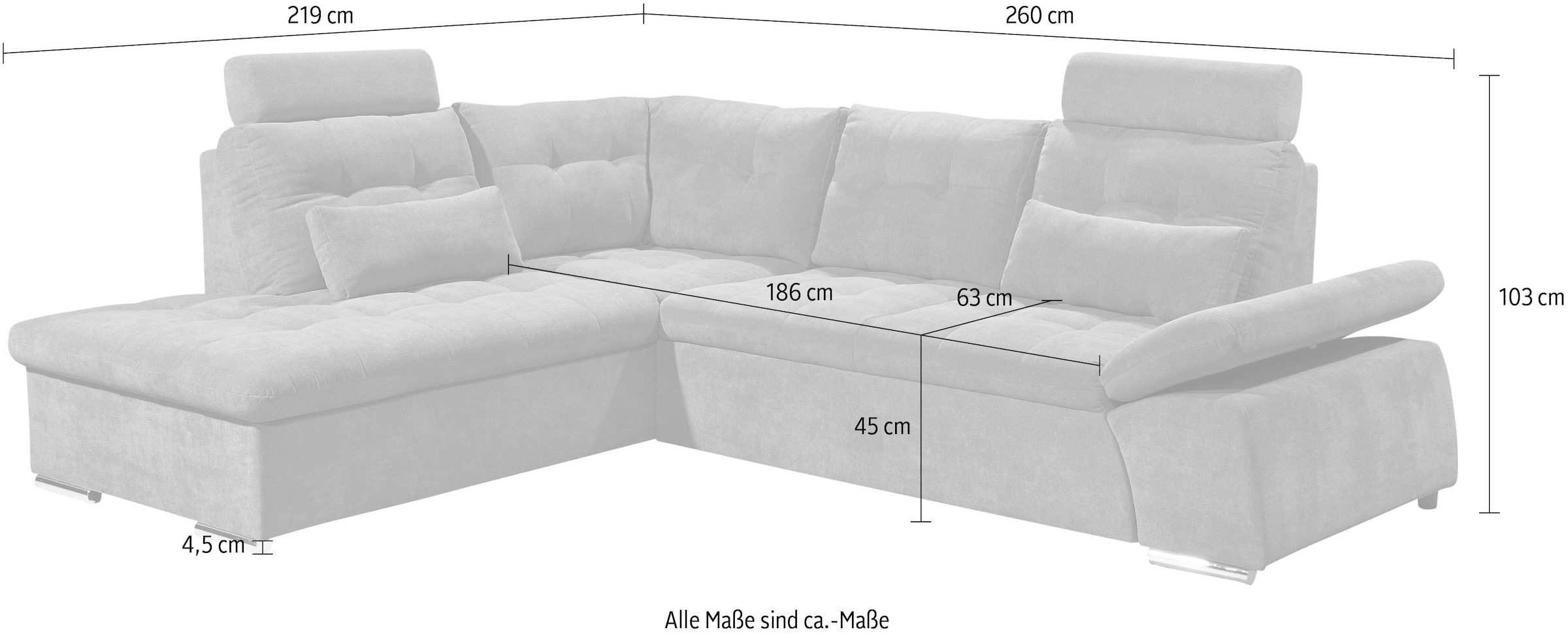 ED EXCITING DESIGN Ecksofa »Nalo L-Form«, mit Bettfunktion, Armteilverstellung, Kopfstützen & 2 Nierenkissen