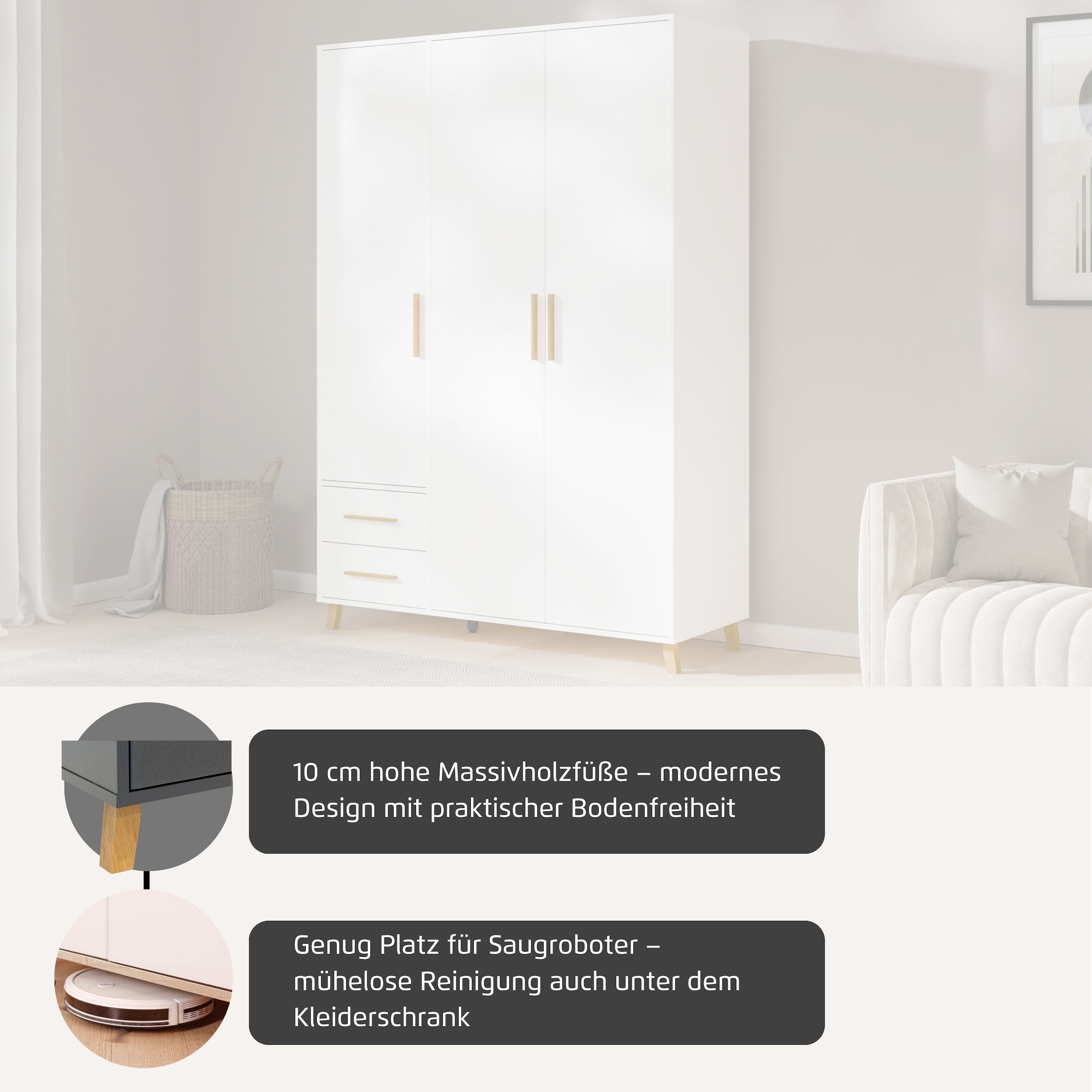 rauch Drehtürenschrank »Kleiderschrank Schrank Garderobe SHINJO Breiten 93/140/187 cm« in 3 verschiedenen Ausstattungen BASIC/CLASSIC/PREMIUM,  Griffe und Füße aus Massivholz, viel Stauraum MADE IN GERMANY