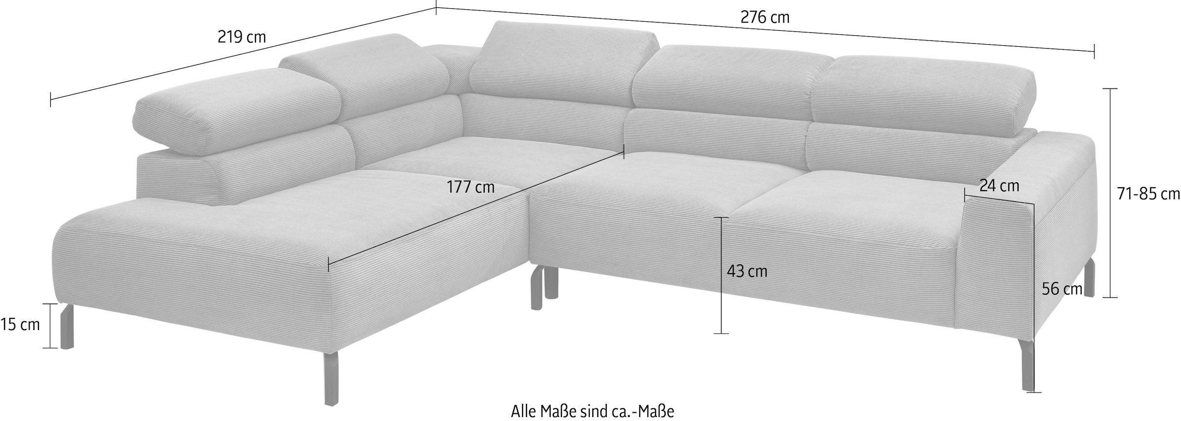 Places of Style Ecksofa »Antonelli, L-Form, inkl. Kopfteilverstellung, Breite 276 cm«, mit elektrischer Sitztiefenverstellung, in Feincord, grau