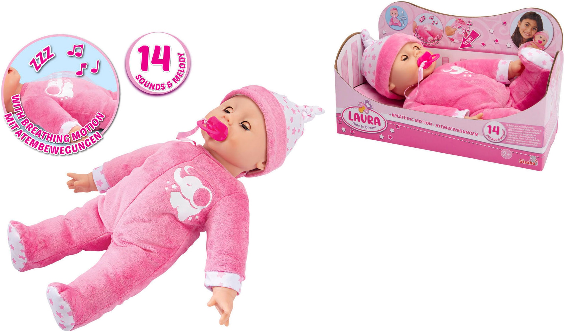 SIMBA Babypuppe »Laura Schlummerzeit«, mit Soundeffekt und realistische Atembewegungen