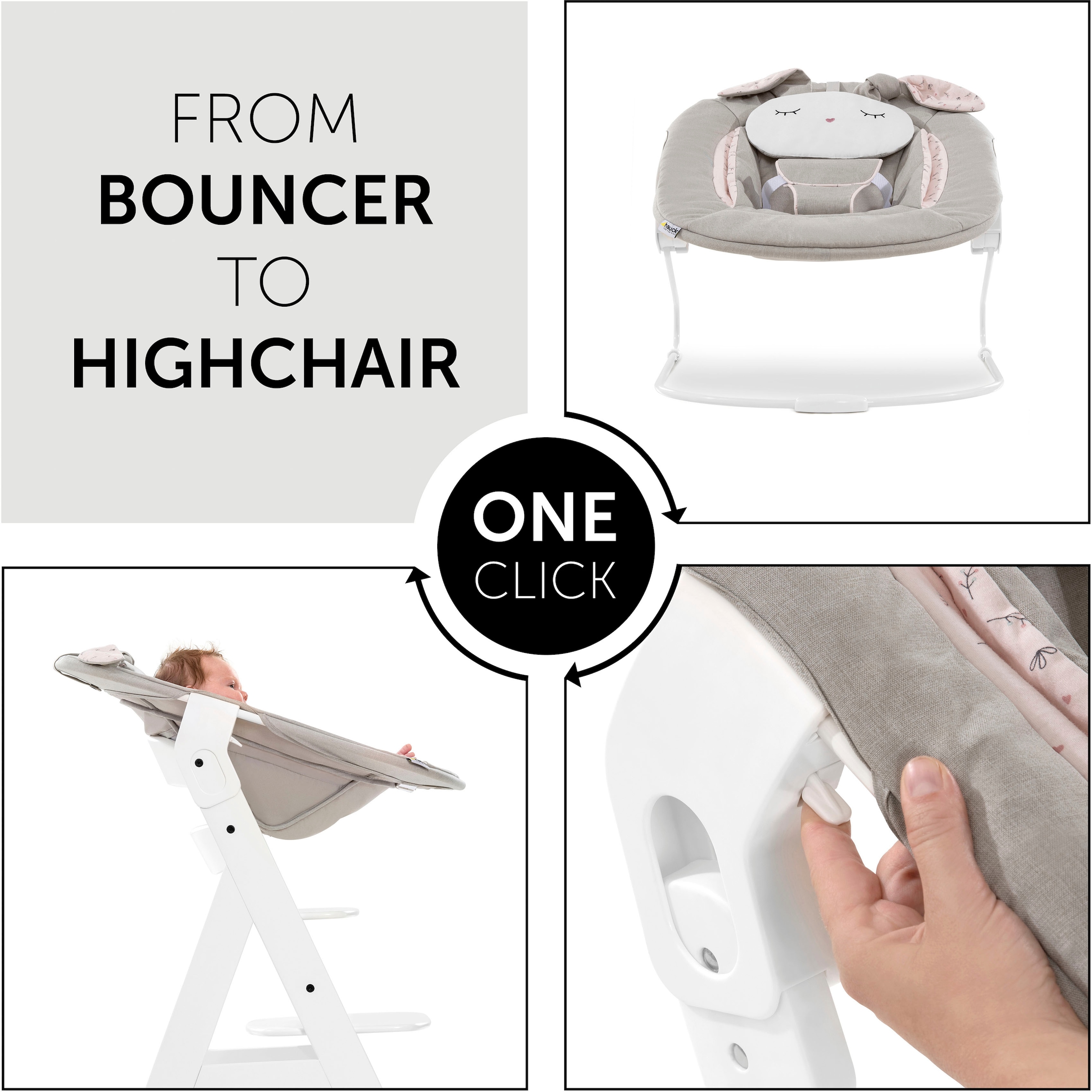 Hauck Hochstuhlaufsatz »Alpha Bouncer 2in1 Wippenaufsatz, Powder Bunny beige Bloom« bis, 9 kg, mit Wippgestell, für Neugeborene, passend für ALPHA+ Holzhochstuhl