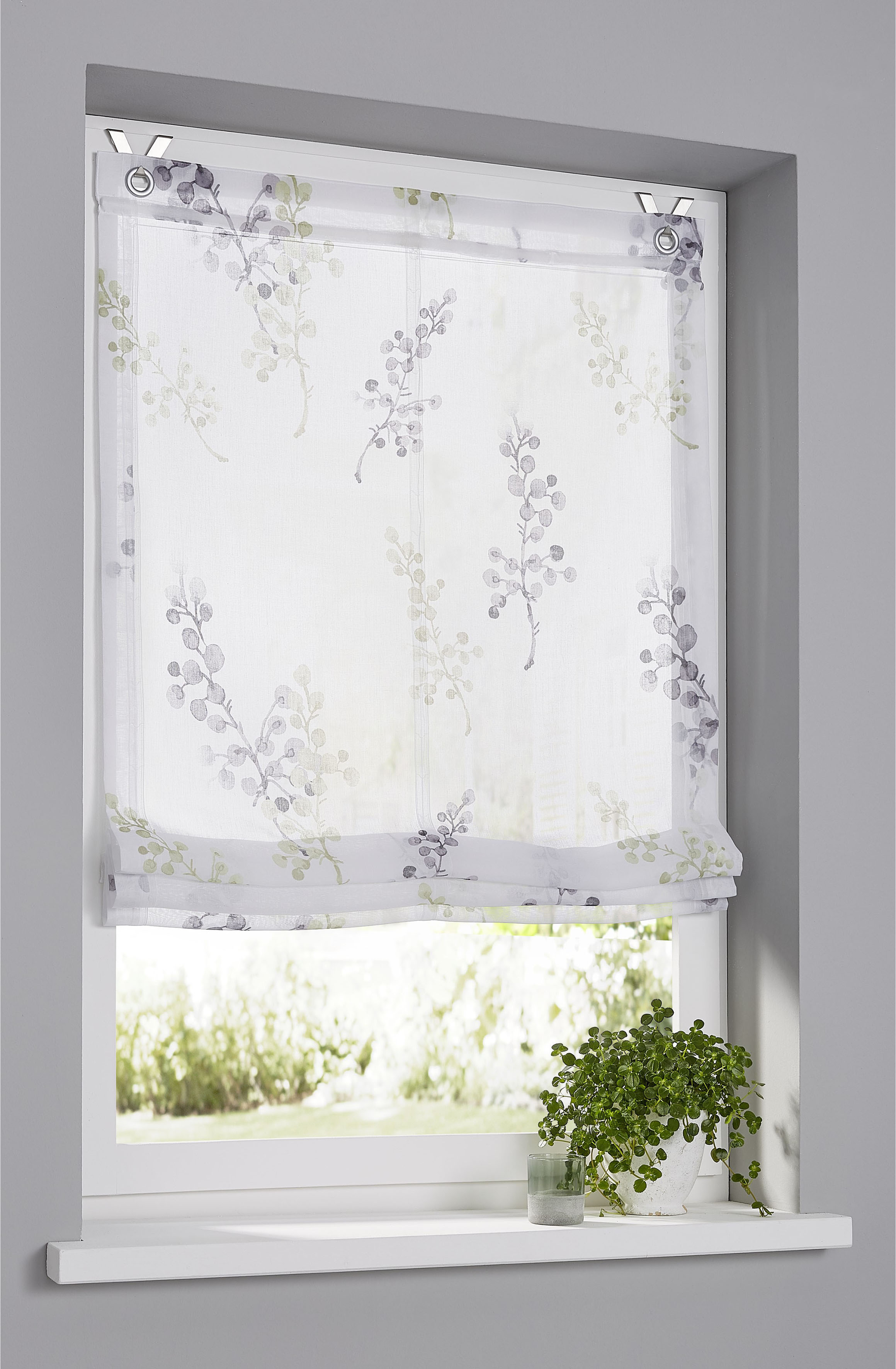 Kutti Raffrollo »Danny« mit Hakenaufhängung freihängend bedruckt, Montage ohne Bohren, Fensterhaken inklusive in grün