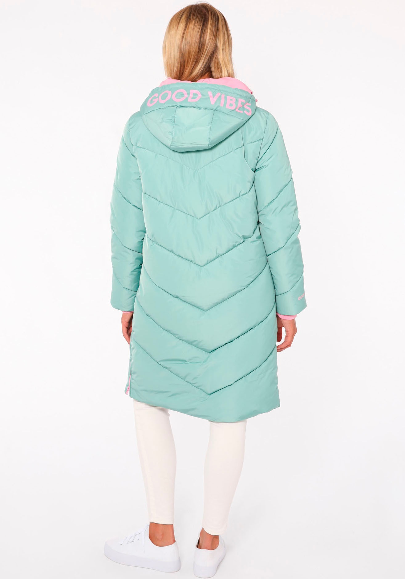 Zwillingsherz Steppmantel »"Positive Mind"«, Doppelzipper, Kapuze mit Schriftzug hinten, Kontrastdetails, wärmend