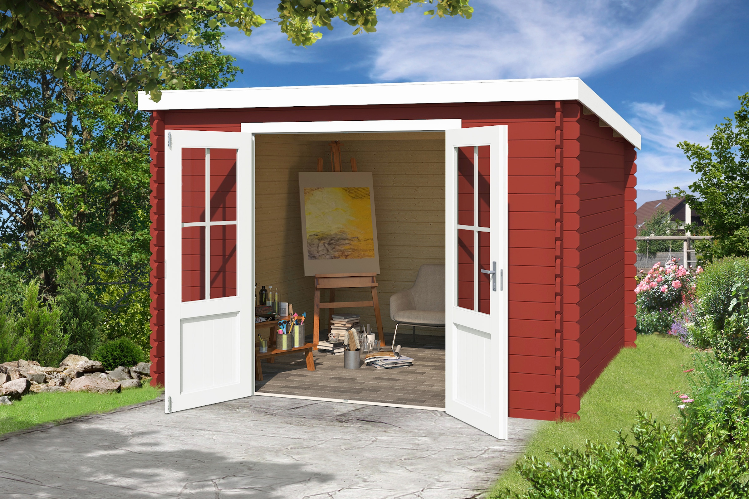 LASITA MAJA Gartenhaus »Miami«, Blochbohlenhaus 28mm, Fundamentmass 2920x2920, Schwedenrot