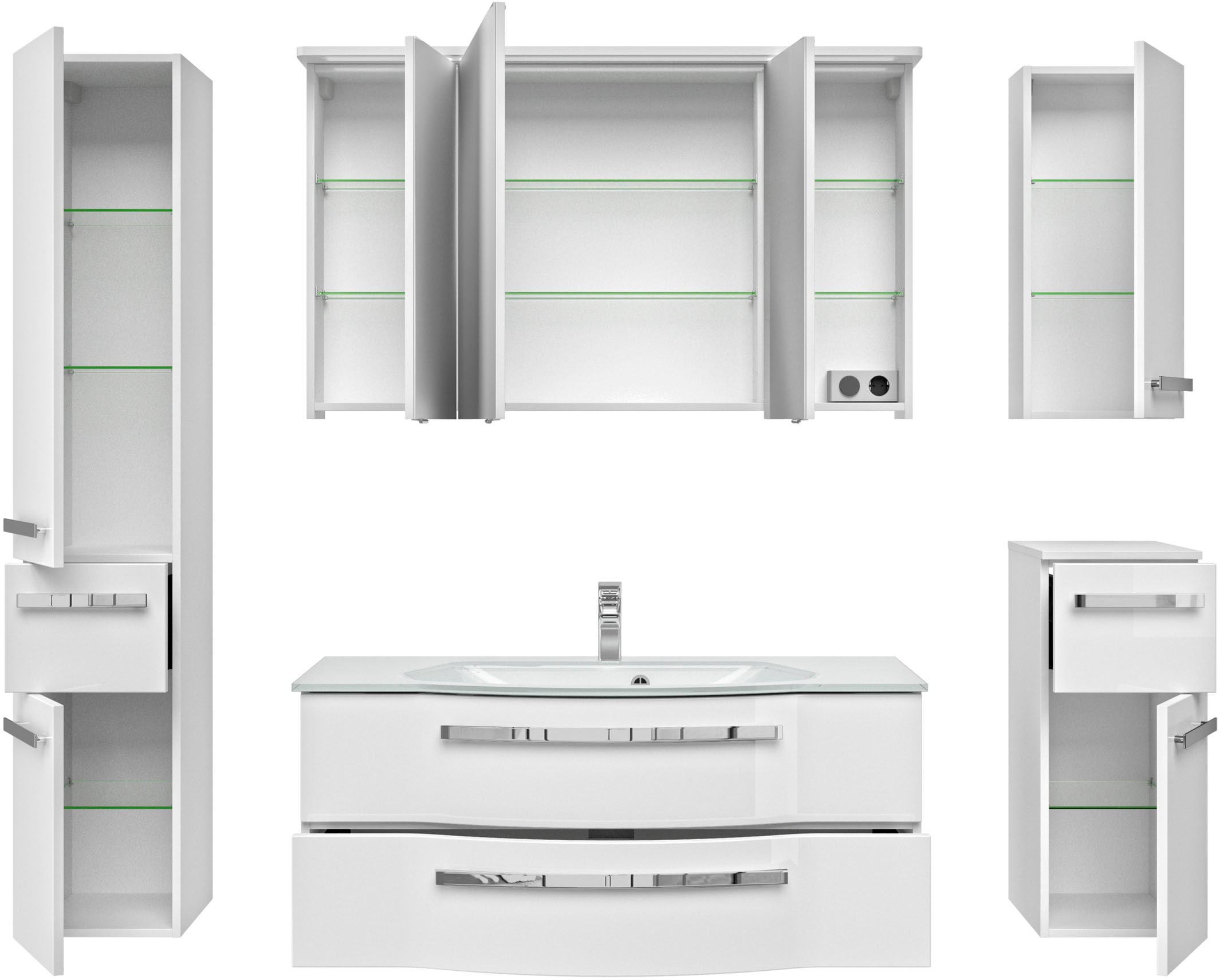 Saphir Badmöbel-Set »Serie 4005, vormontiert, Glaswaschbecken, Spiegelschrank«, (Set, 6 St.), Badezimmer-Set mit Unterschrank, Hängeschrank, Hochschrank, Türdämpfer