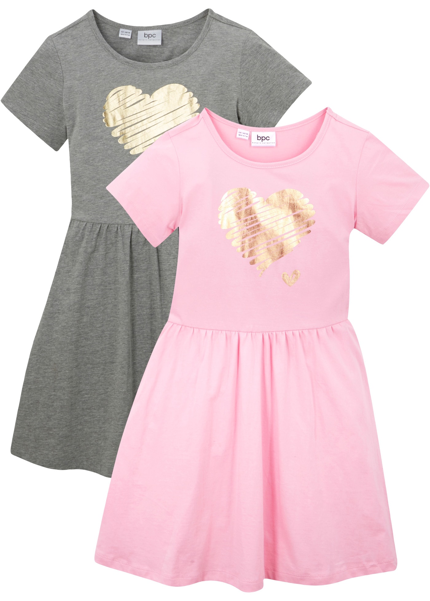 bonprix Jerseykleid Packung, 2er,  aus Baumwolle, ausgestellter Rock, mit Herz-Druck, im 2er-Pack