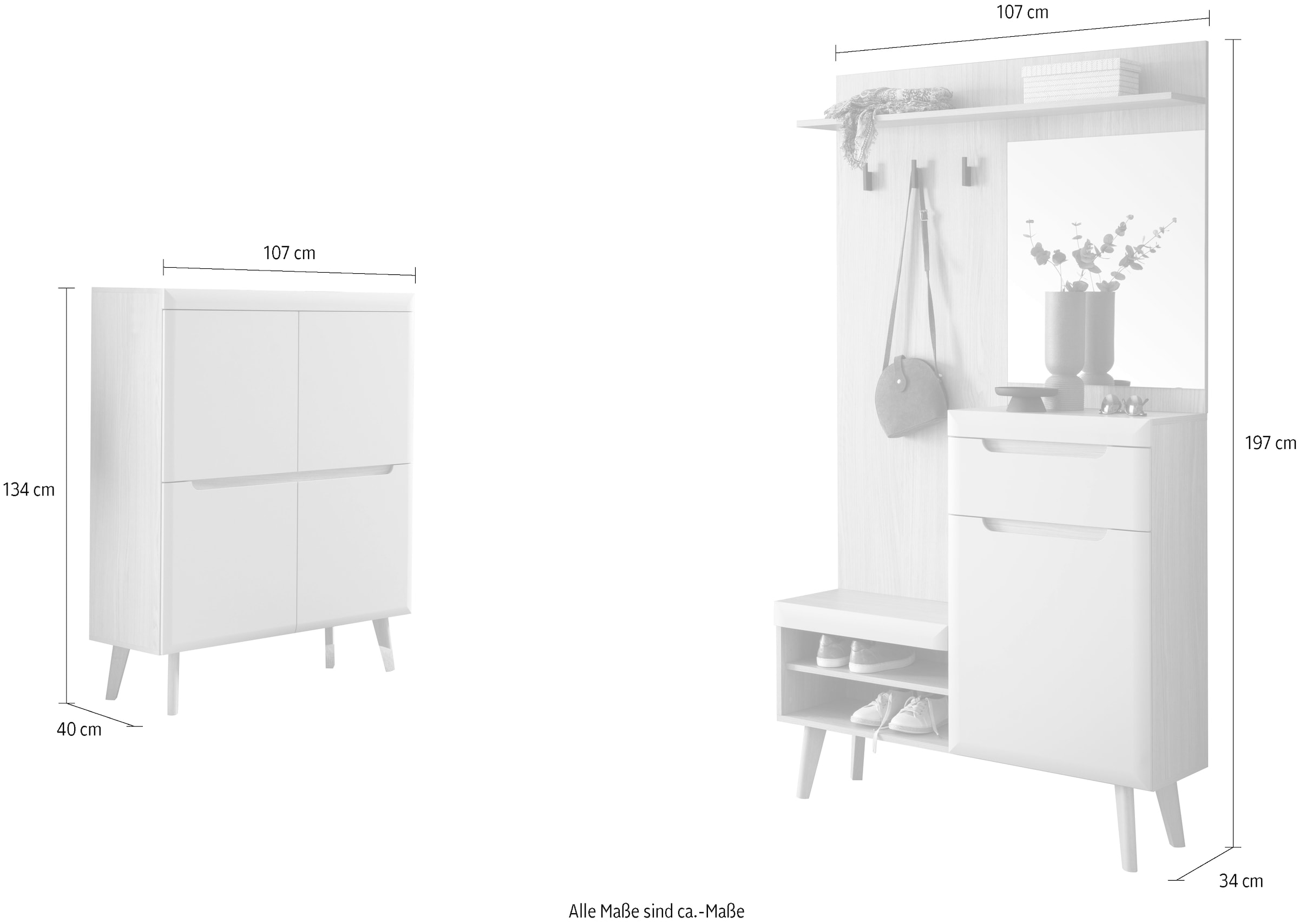 Home affaire Garderoben-Set »Torge, Garderobe mit Stauraum, Garderobenschrank im Scandic Design«, (Set, 2 St.), enthält Highboard und Garderobe mit Spiegel, in zwei Farben