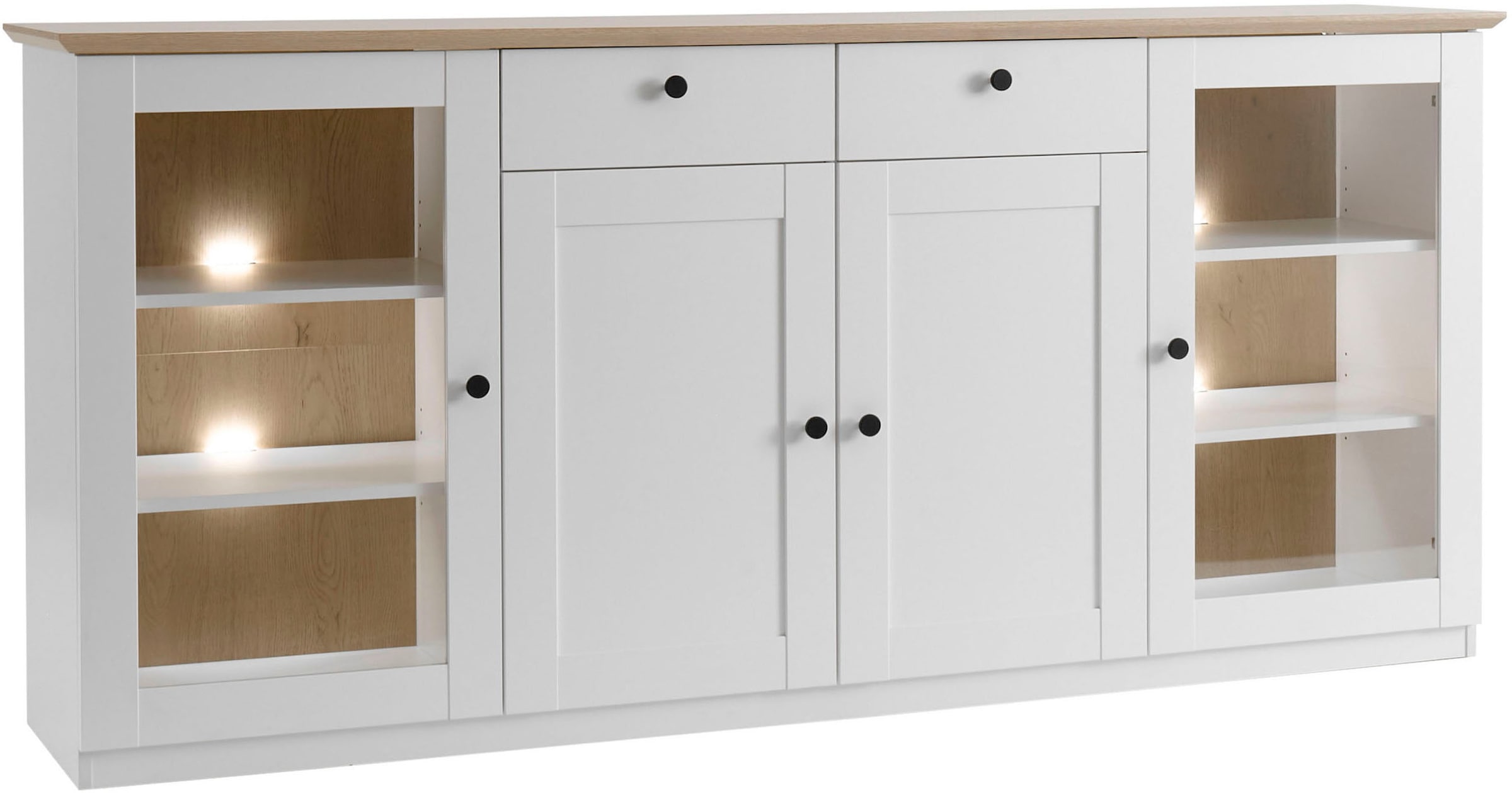 OTTO home Sideboard »Brest, Schrank im Landhausstil, Kommode, zeitloses Stauraumelement« schwarze Metallgriffe, ausreichend Stauraum, Glastüren, 204 cm breit