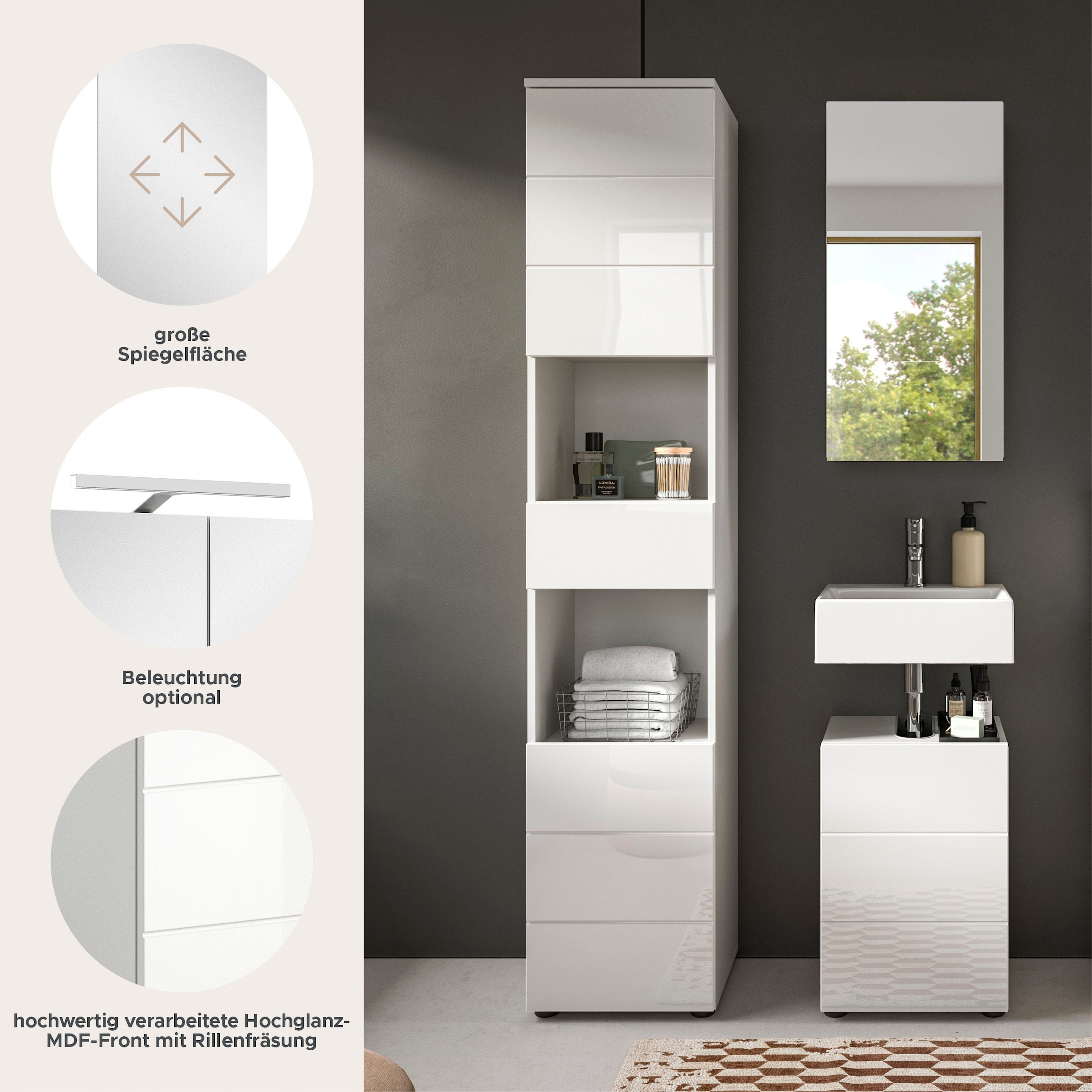welltime Badmöbel-Set »Biel, Höhe 190 cm, Hochschrank, Unterschrank, Spiegelschrank«, (3 St.), Bad Set, modernes Design, Hochschrank, Unterschrank, Spiegel