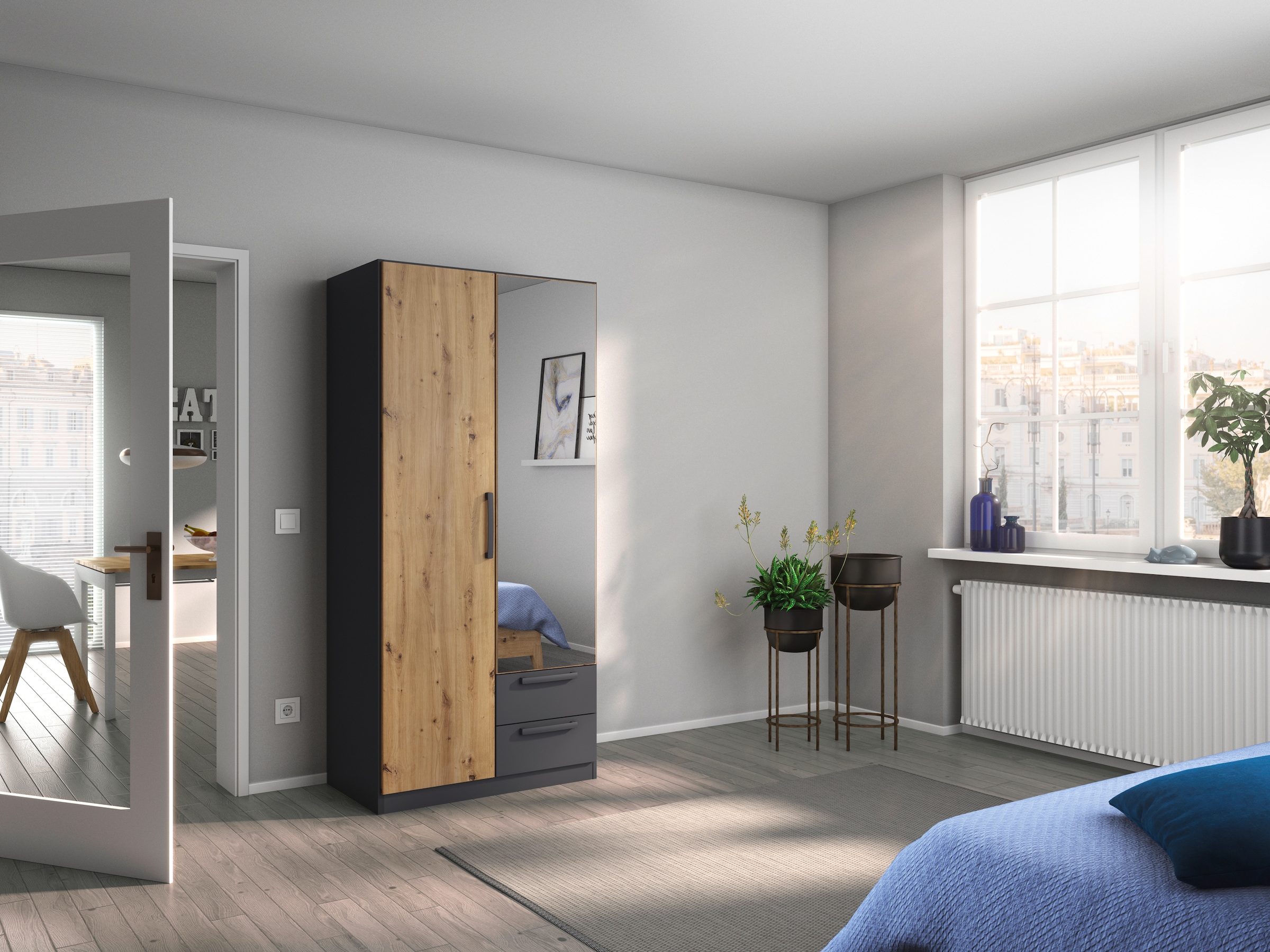 rauch Drehtürenschrank »StyleUp«, Typ Dark & Wood mit trendigen farblich abgesetzten Griffen