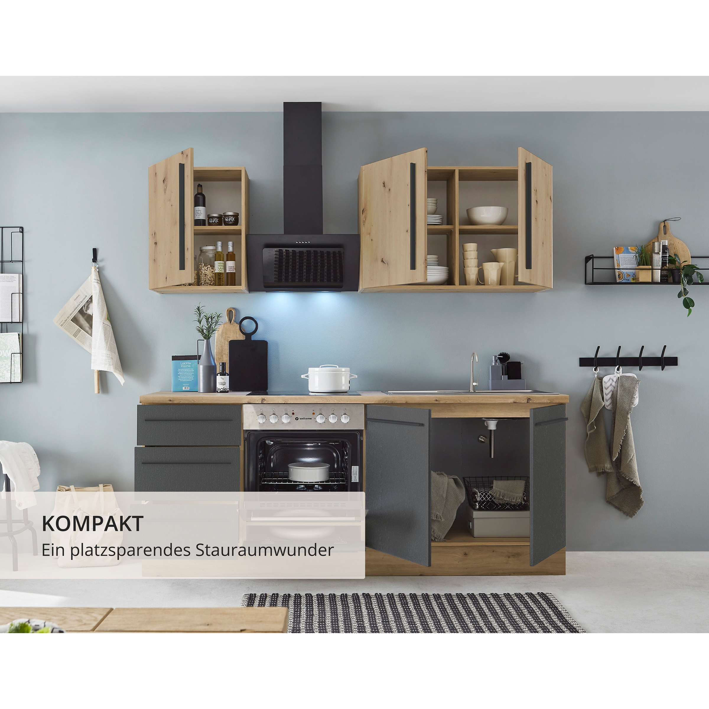KOCHSTATION Küchenzeile »KS-Florida mit 38mm starker Arbeitsplatte«, Breite 210 cm, wahlweise mit E-Geräten, Soft-Close-Funktion