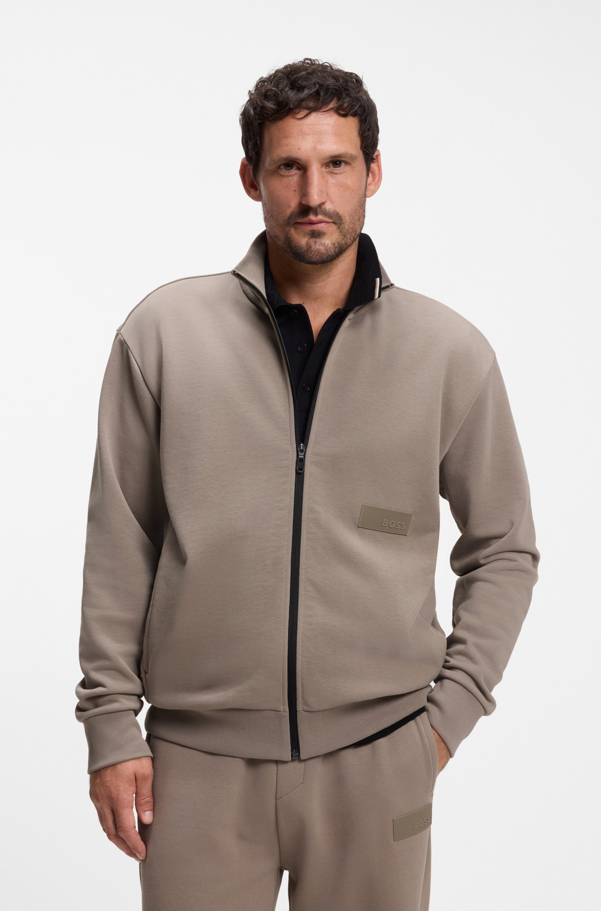 BOSS GREEN Sweatjacke Stehkragen, Relaxed Fit, Rippbündchen