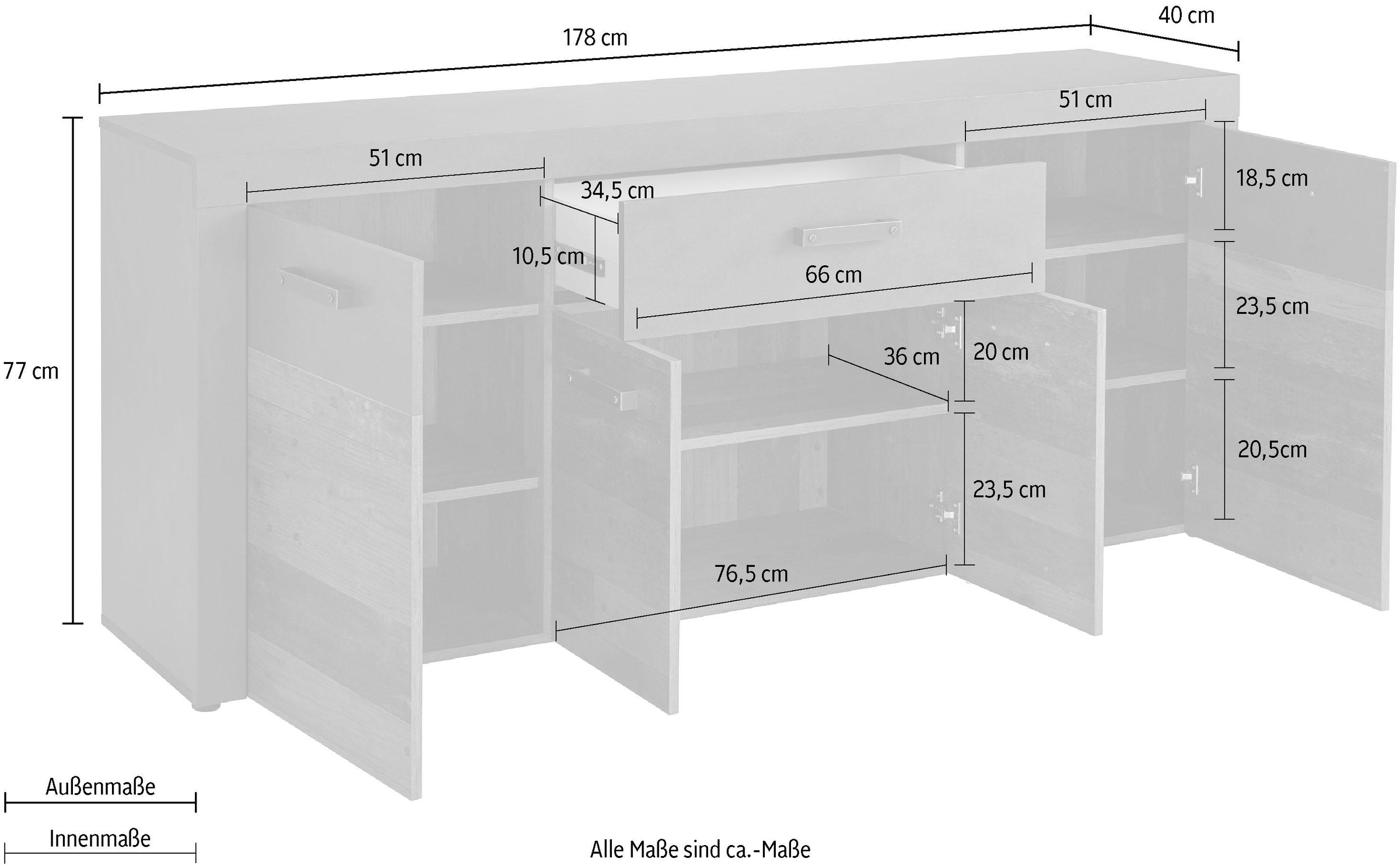 INOSIGN Sideboard »Ilana«, Sideboard mit 4 Türen & 1 Schublade - (B/T/H) 178/40/76 cm