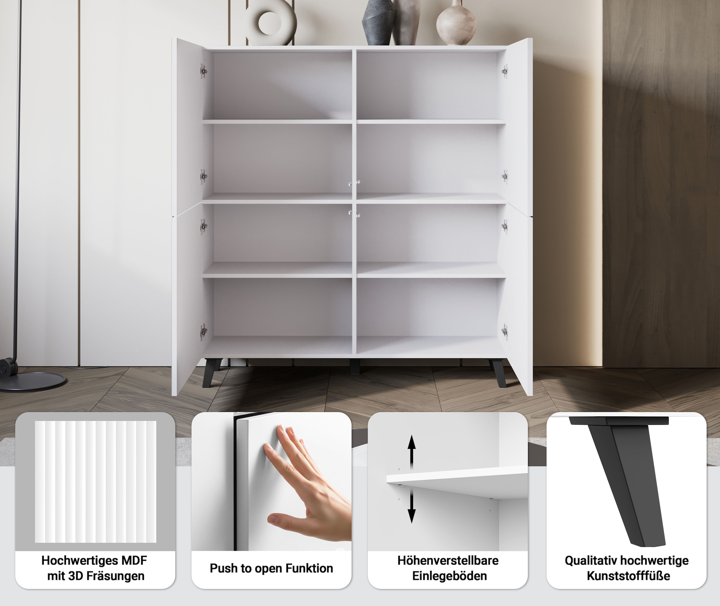 Home affaire Highboard »Phuket, Front MDF« moderne Kommode mit 4 Türen und 8 Fächern, Breite 120 cm