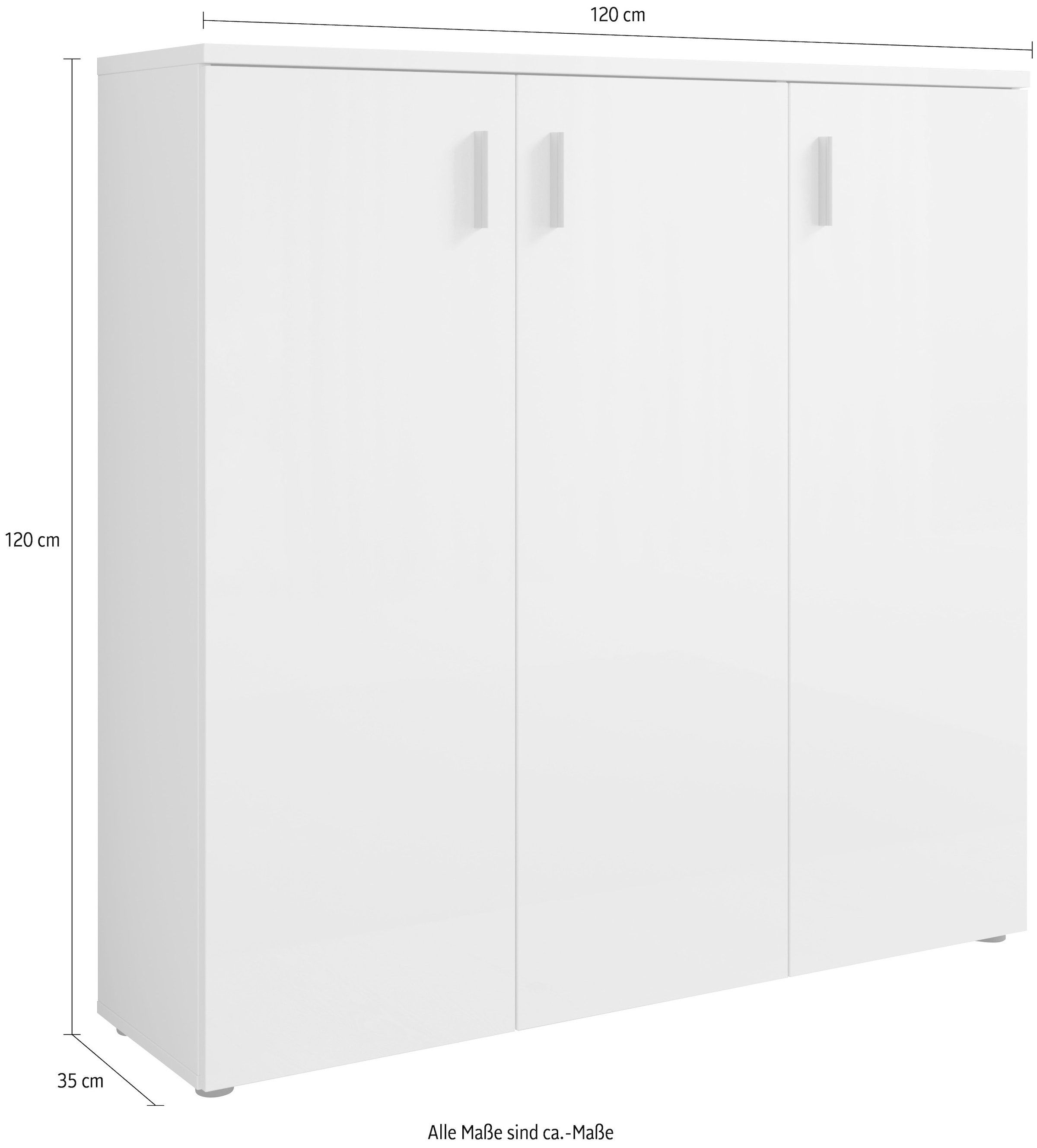 HBZ Schuhschrank »Lincoln weiß Glanz, BxHxT 120x120x35 cm«, (1 St.), Schuhschrank mit 3 Türen, 8 Einlegeböden verstellbar, 2 feste Böden