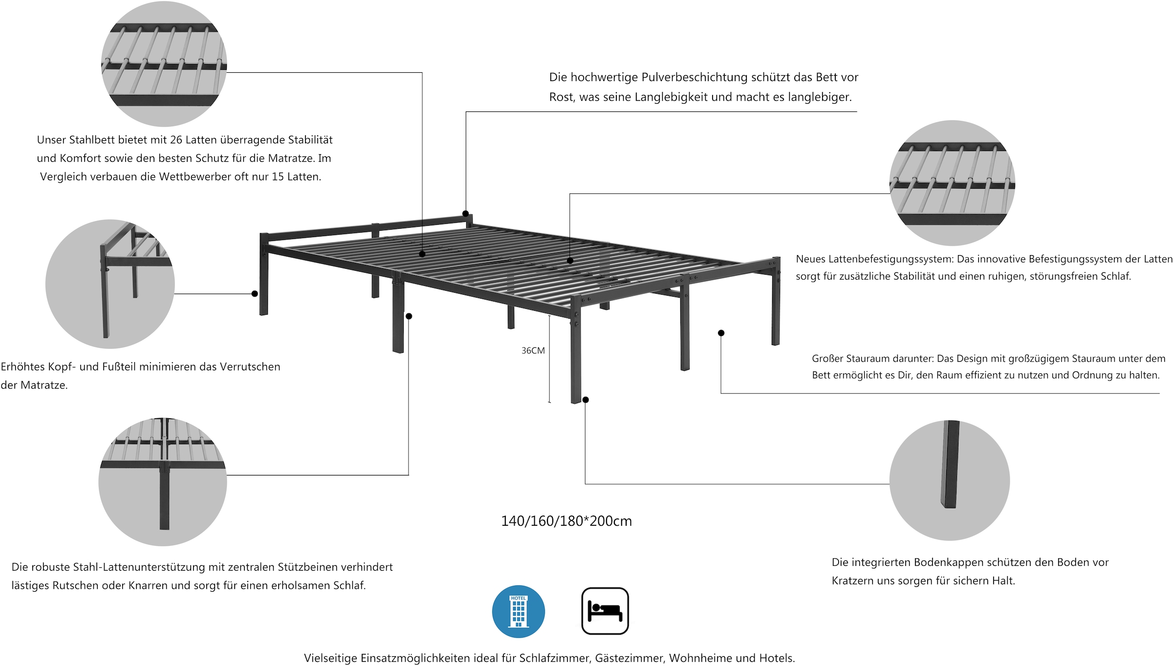 INOSIGN Metallbett »LIST Bett Bettgestell Bettrahmen Einzelbett Doppelbett«, Bett mit 26 Lattenroste zum Schutz der Matratze