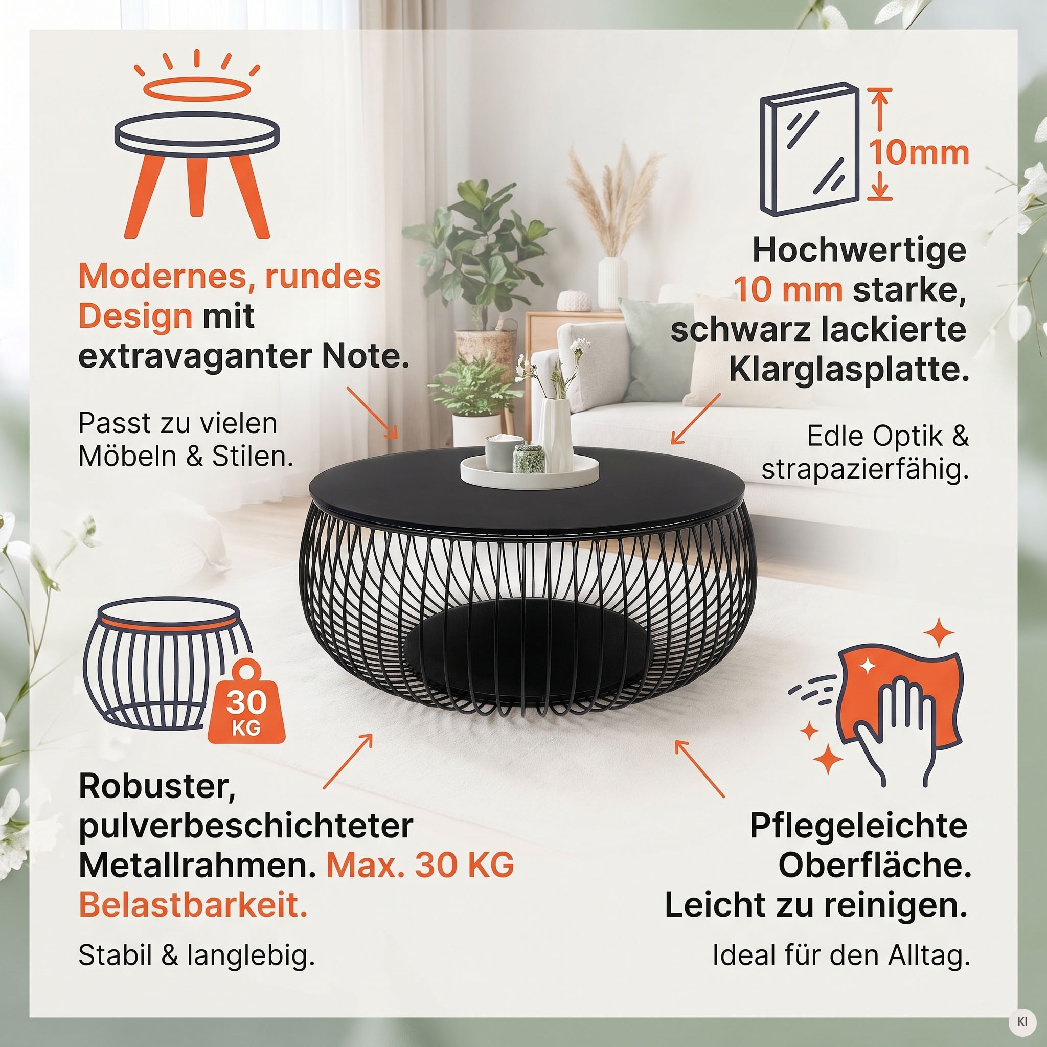 SalesFever Couchtisch »Coffeetable Wohnzimmertisch im minimalistischen Stil« 10 mm starke Klarglasplatte mit Marmordruck
