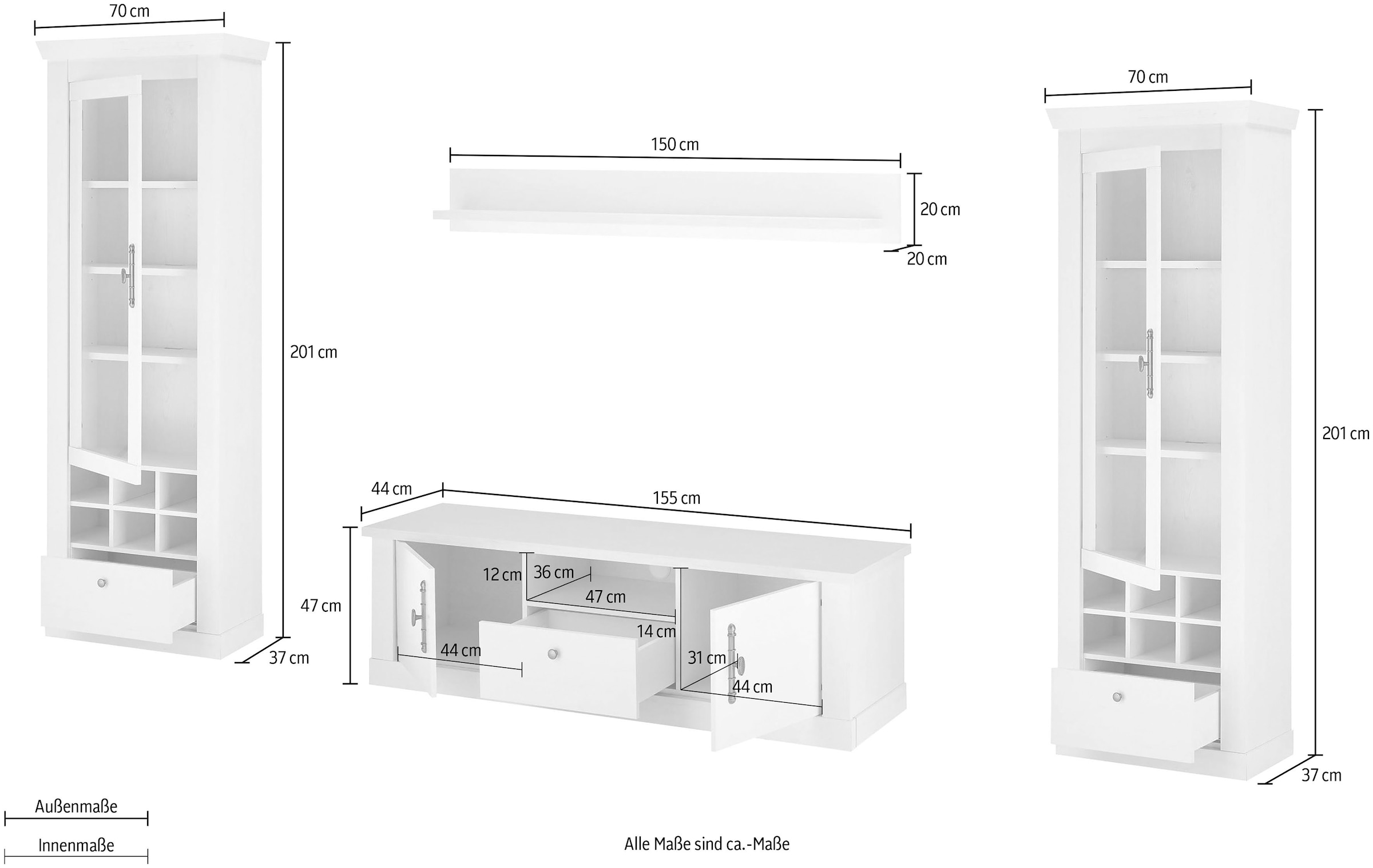 Home affaire Wohnwand »RAVENNA«, (4 St.), im romantischen Landhausstil, Griffe aus Metall, Softclose-Funktion