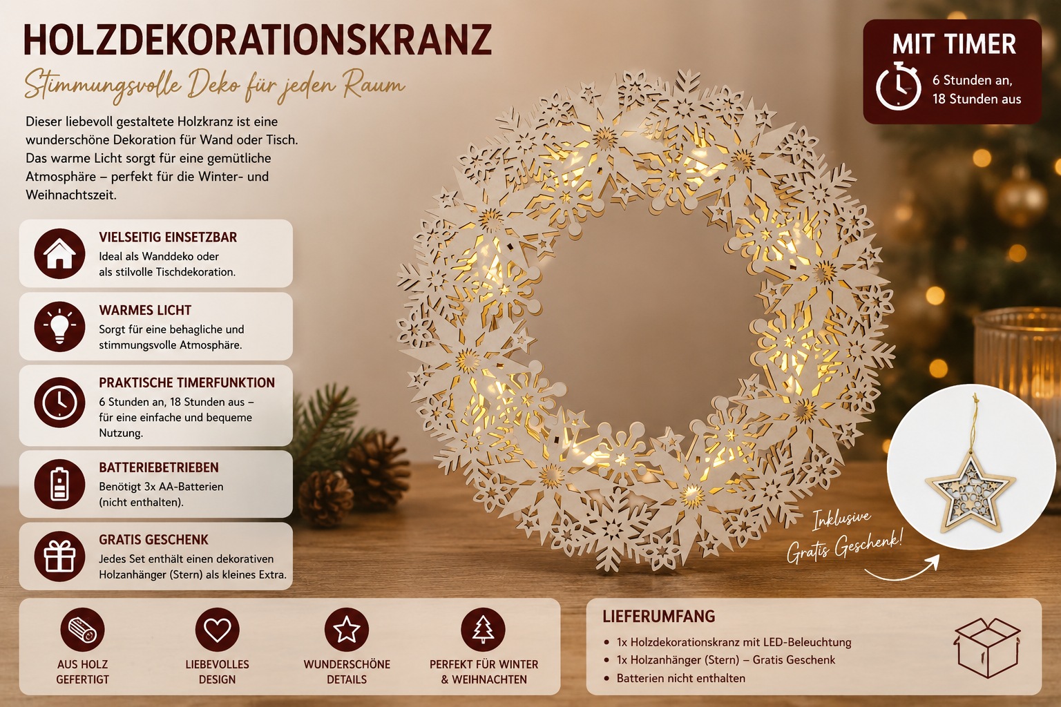 OTTO home LED Dekoobjekt »Schneeflocken Holzdekoration« 1 Stk. Warmweiß Gratis-Hänger, 6h-Timer, zum Aufhängen oder hinstellen
