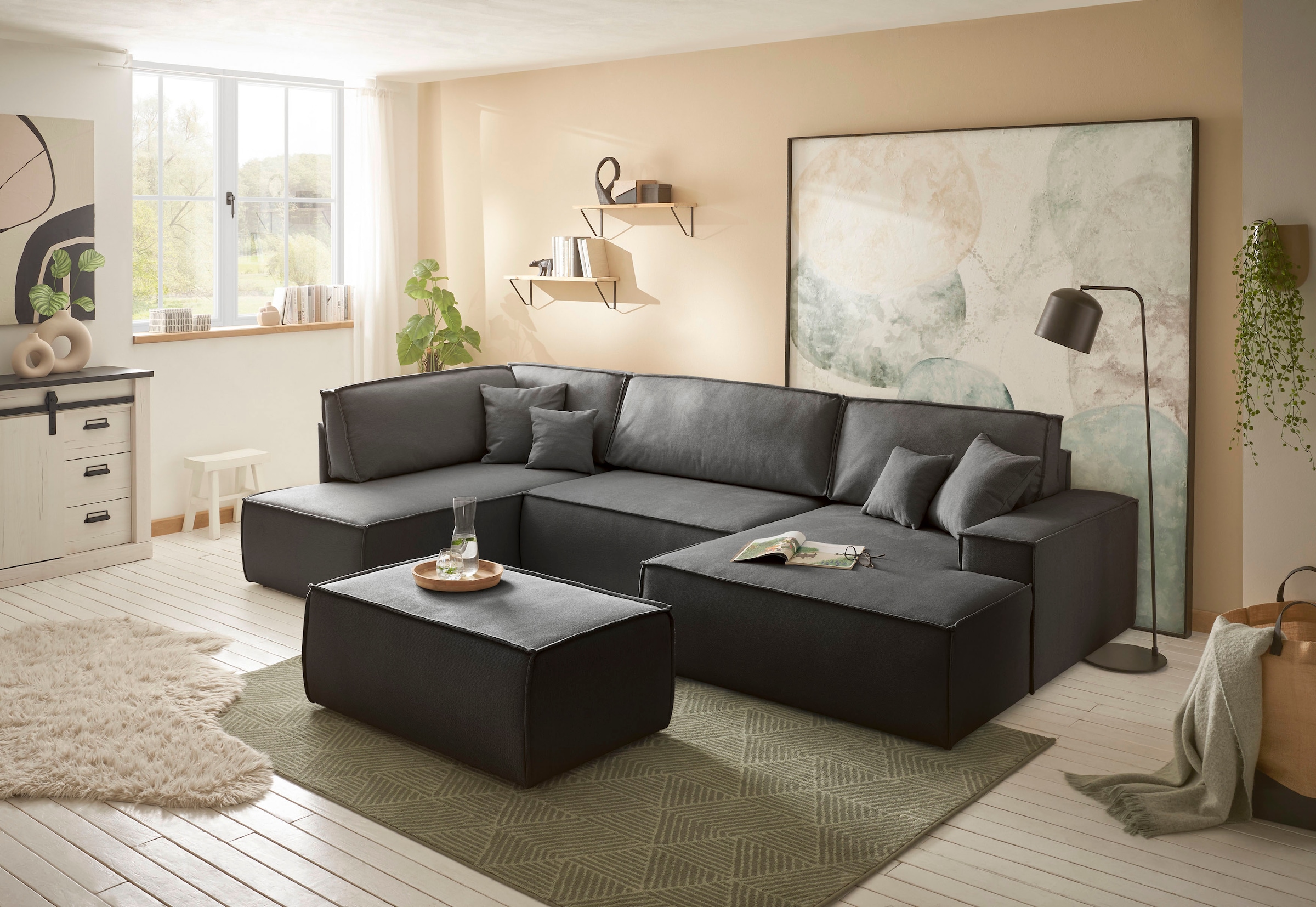 andas Wohnlandschaft »FINNLEY U-Form XXL 329 cm, Schlafsofa, Schlaffunktion m. Bettkasten«, (194/139 cm), Bouclé, Struktur und Cord