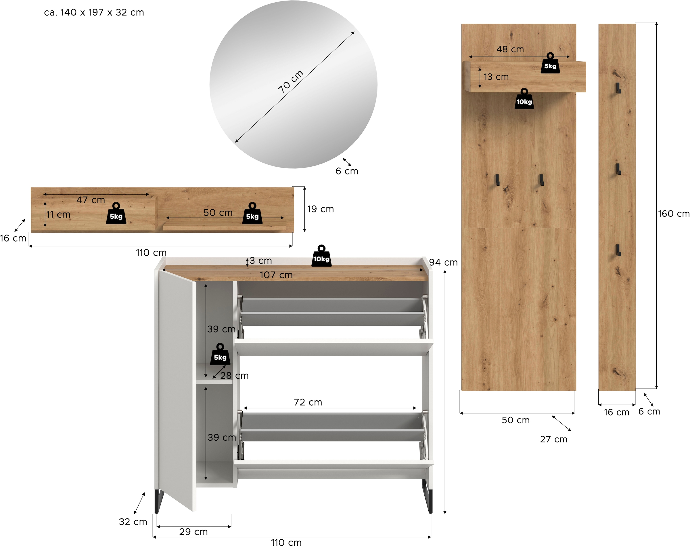 INOSIGN Garderoben-Set »EVRID, 5-teilig, Breite 236 cm, individuell stellbar & erweiterbar« best. aus.: Wandboard, Kommode, Spiegel, Garderobenpaneel, Hakenleiste, 5 Stk. tlg.