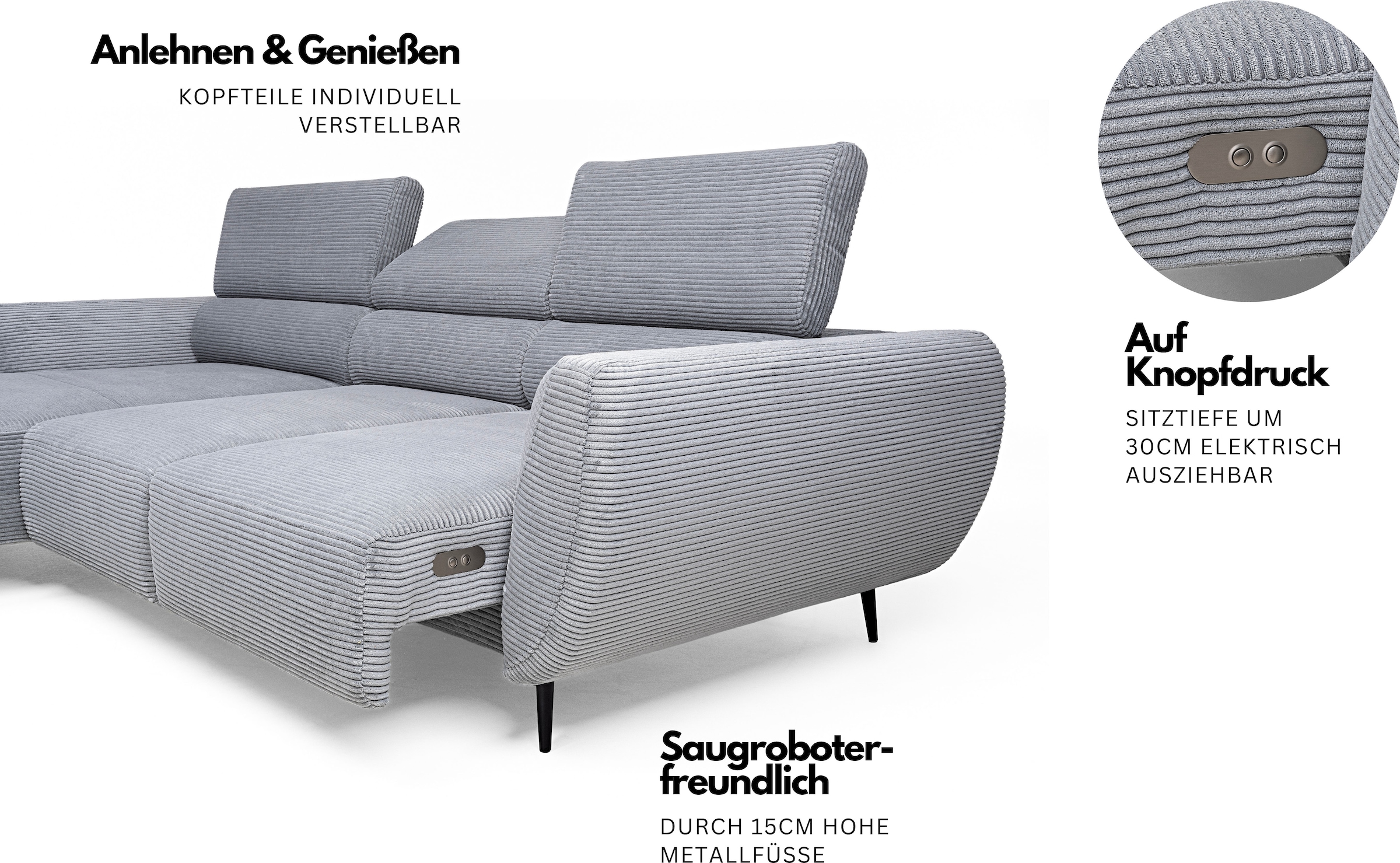 WERK2 Ecksofa »Alisson Sitztiefe elektrisch verstellbar & 3 verstellbaren Kopfstützen« Schwebendes L-Form Sofa in Cord, 15 cm bodenfrei (saugrobotergeeignet)