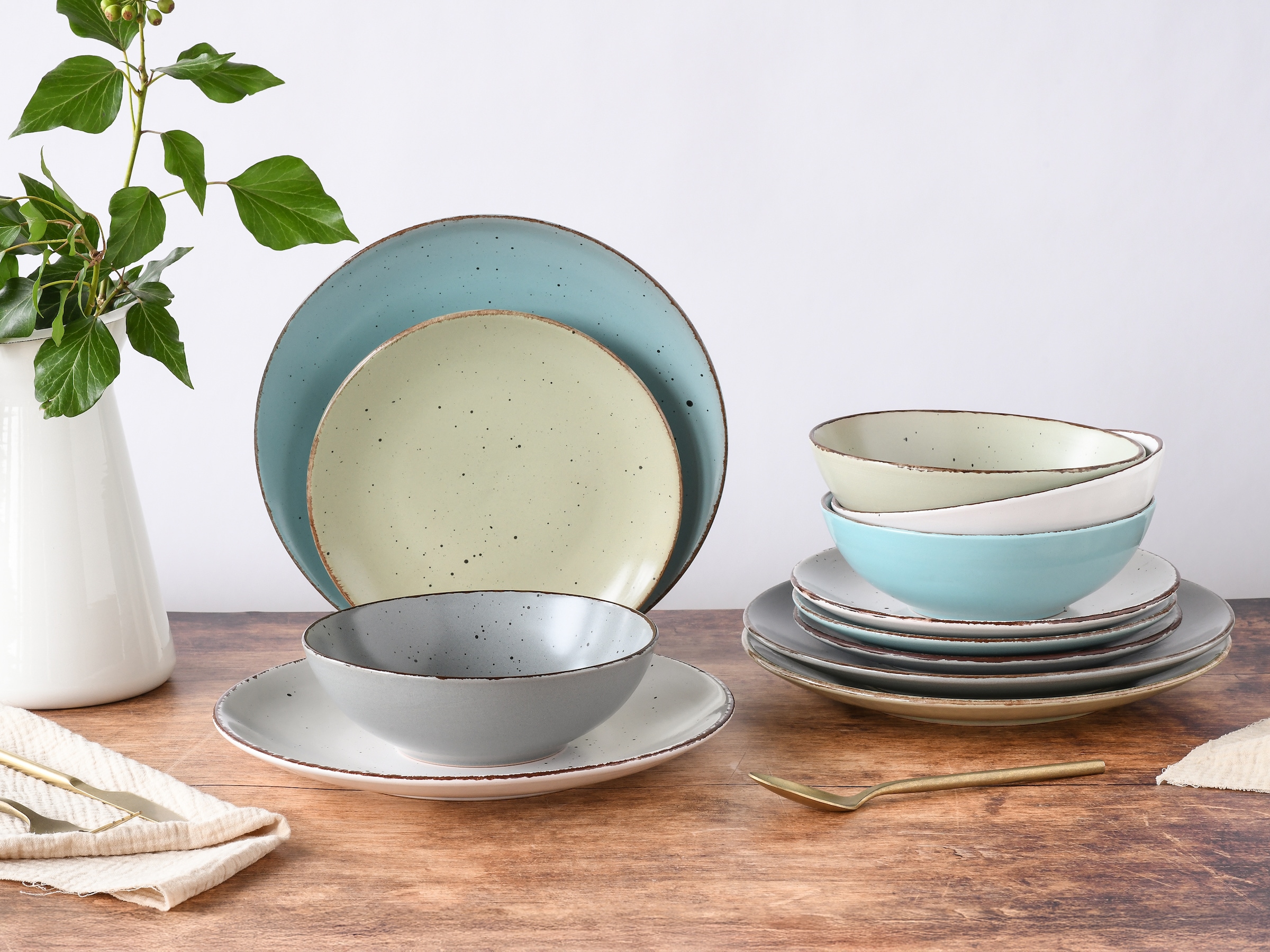 CreaTable Teller-Set »Fashion Bunt, Tellerset 12-tlg.« Vintage Look, Seidenmatte Glasur, Handgemalte Ränder