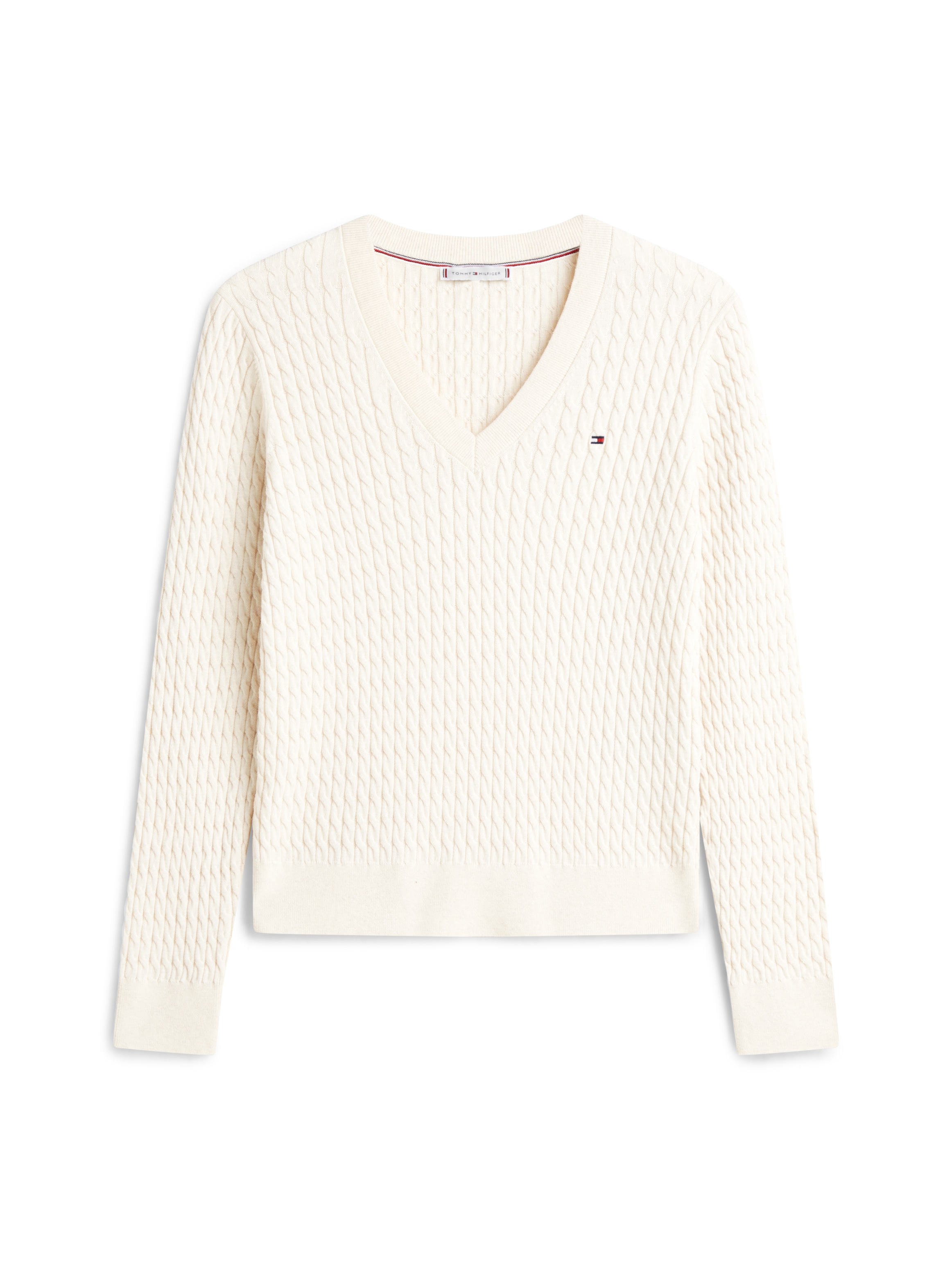 Tommy Hilfiger V-Ausschnitt-Pullover »CO CABLE V-NK LS SWT« mit Zopfmuster, Logostickerei