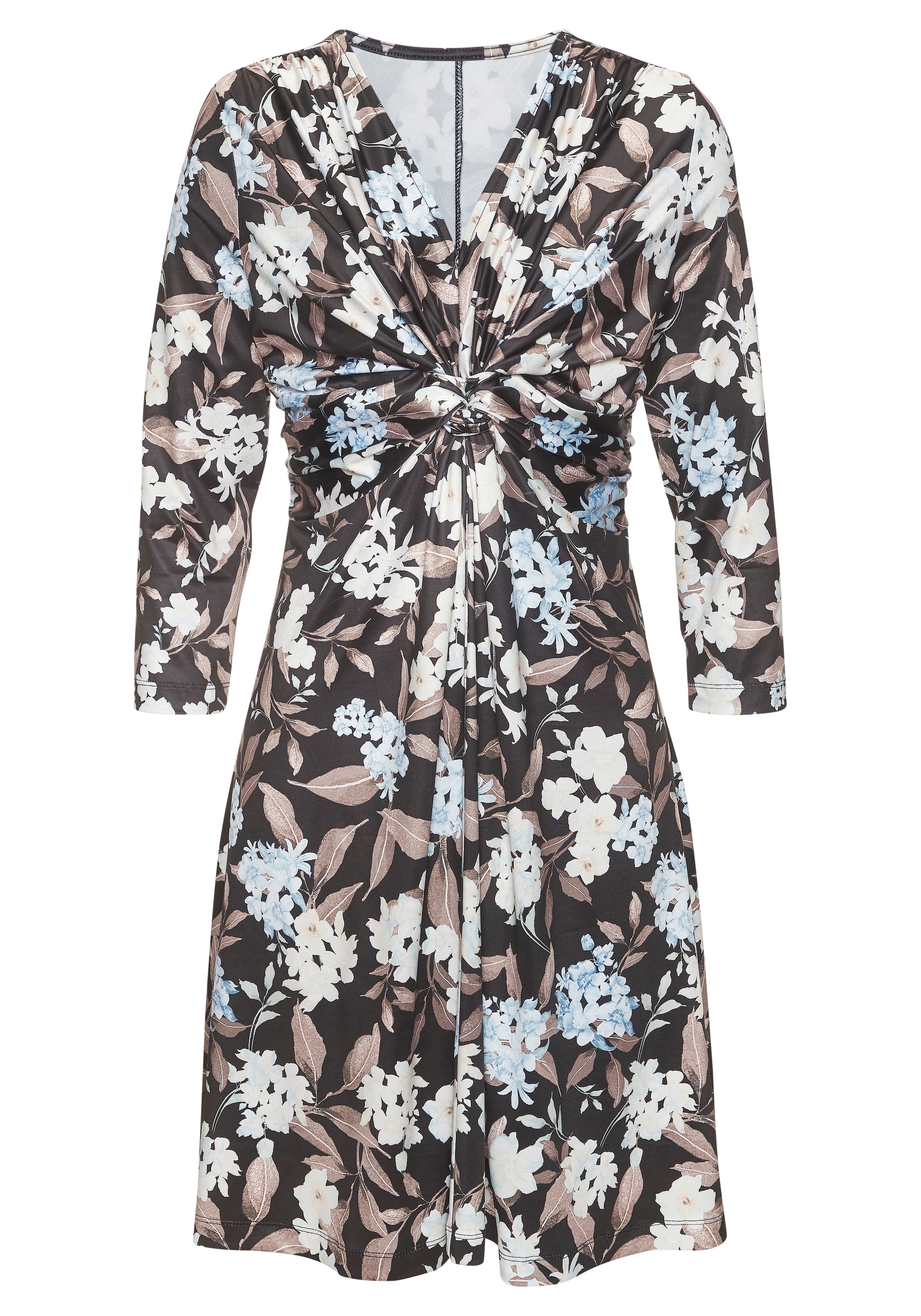 LASCANA Jerseykleid »aus bügelfreier Ware mit Knotendetail vorne mit Blumendruck« Ohne Taschen festlich-elegantes Sommerkleid, tailliertes Druckkleid, Cocktailkleid