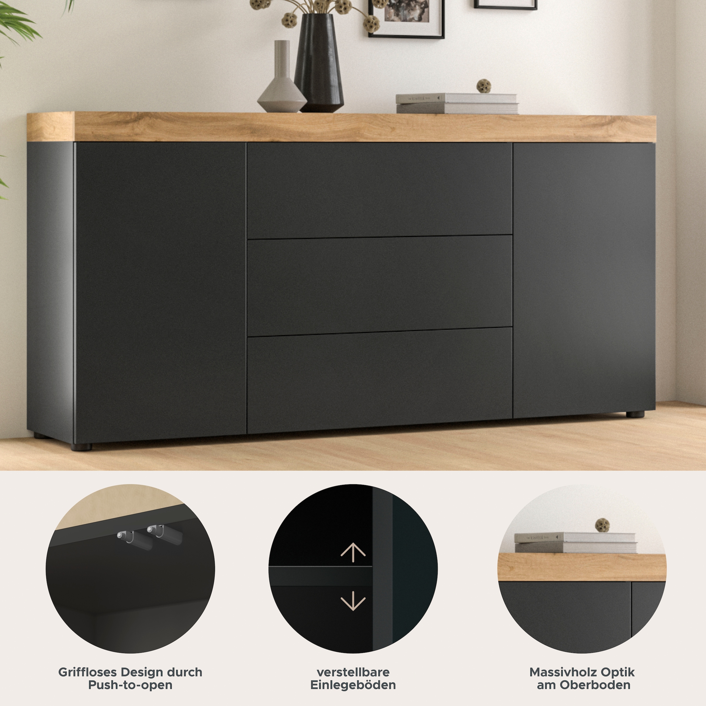 OTTO home Sideboard »MAMBO, Breite 160cm, 2 Türen, 3 Schubkästen, push-2-open« 2 farbige Ausführung, in verschiedenen Farben erhältlich, 1 Stk. tlg. Kommode, Anrichte, Wohnzimmer, Schlafzimmer