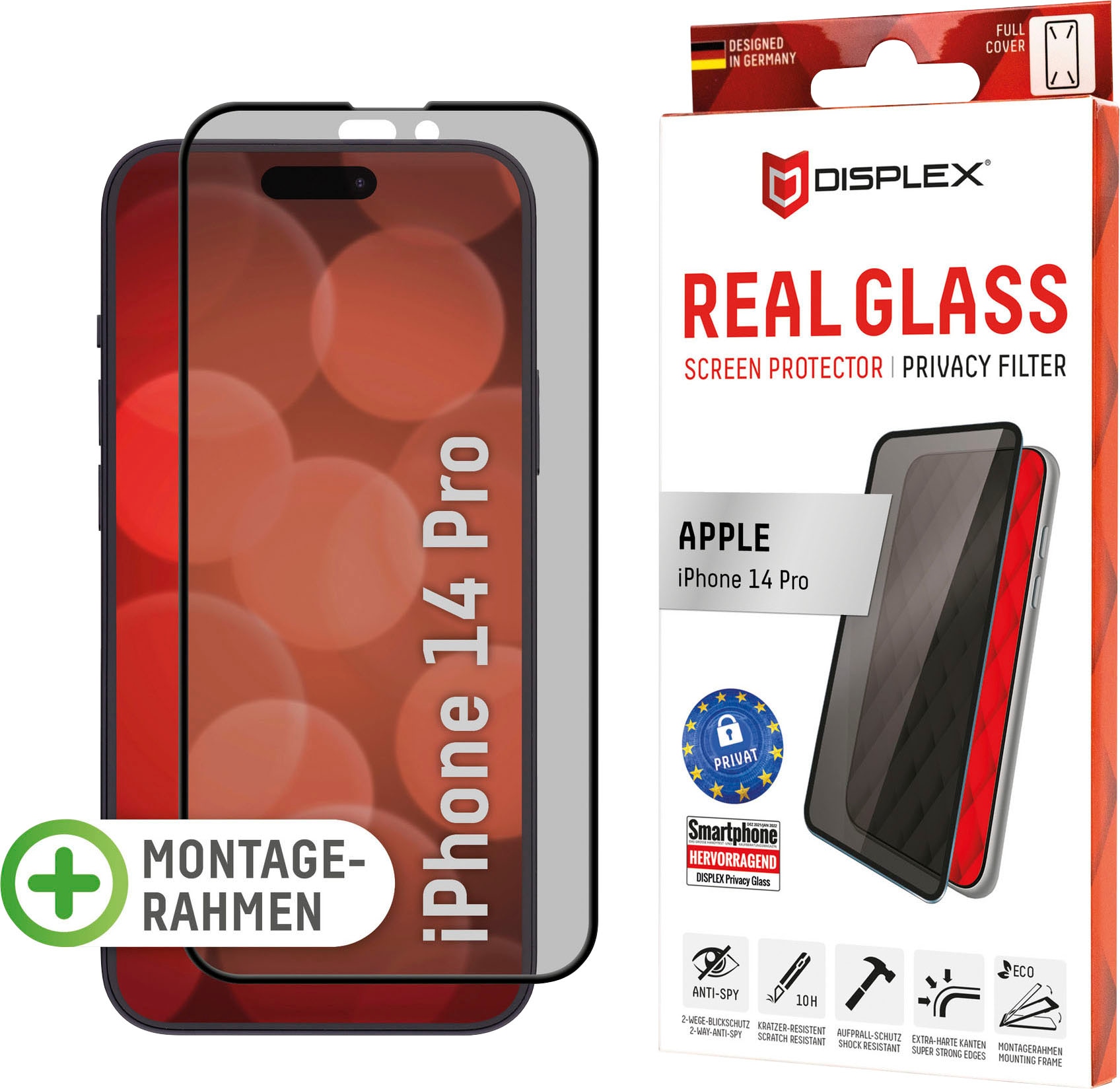 Displex Displayschutzglas »Privacy Glass FC - iPhone 14 Pro«, Blickschutz Displayschutzfolie Displayschutz kratzer-resistent 10H