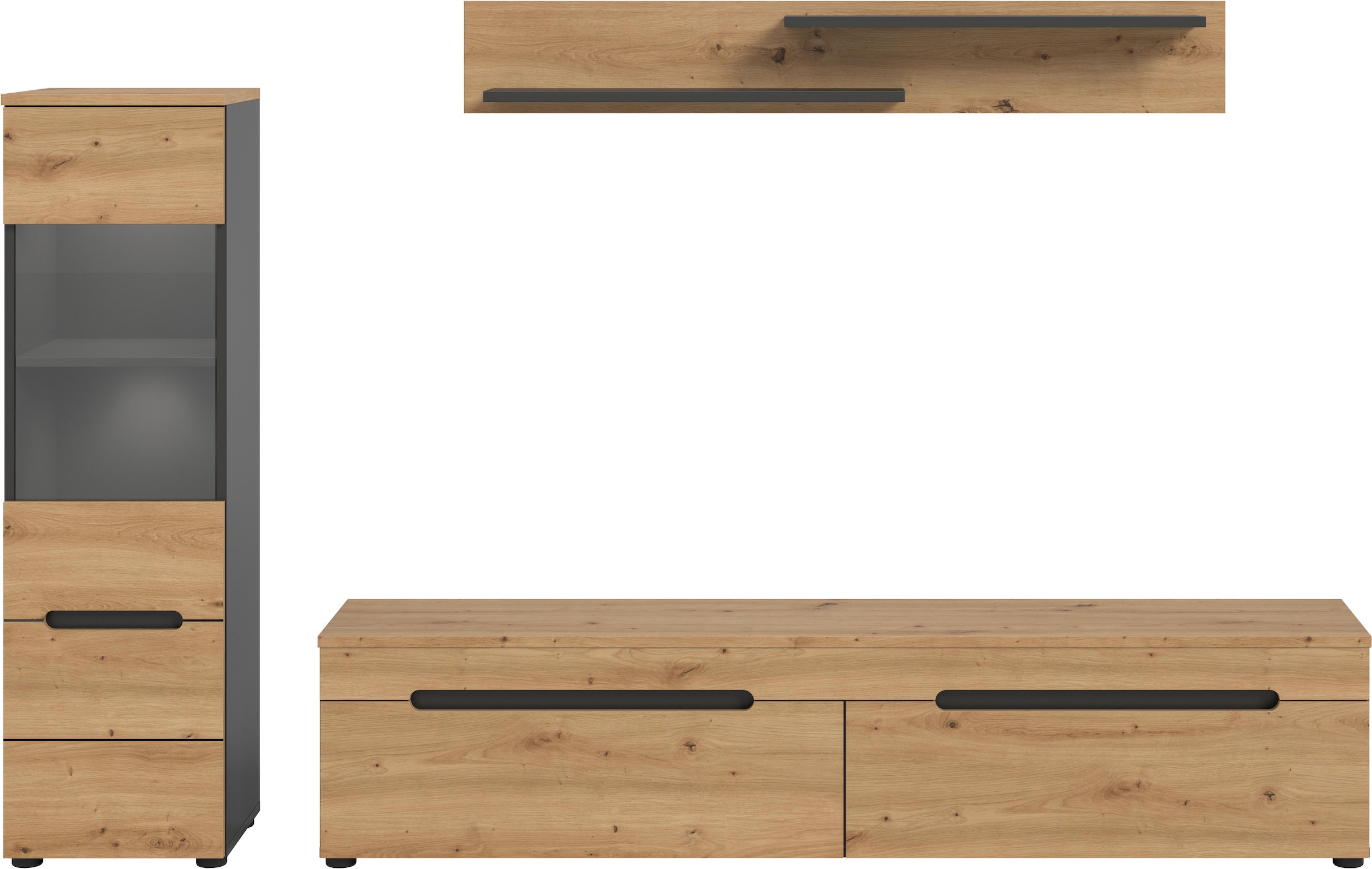 INOSIGN Wohnwand »REHAT, TOPSELLER!, 3-teilig, inkl. Beleuchtung, stehend oder hängend« Set bestehend aus: Vitrine inkl. Beleuchtung, Lowboard und Wandboard, 3 Stk. tlg.