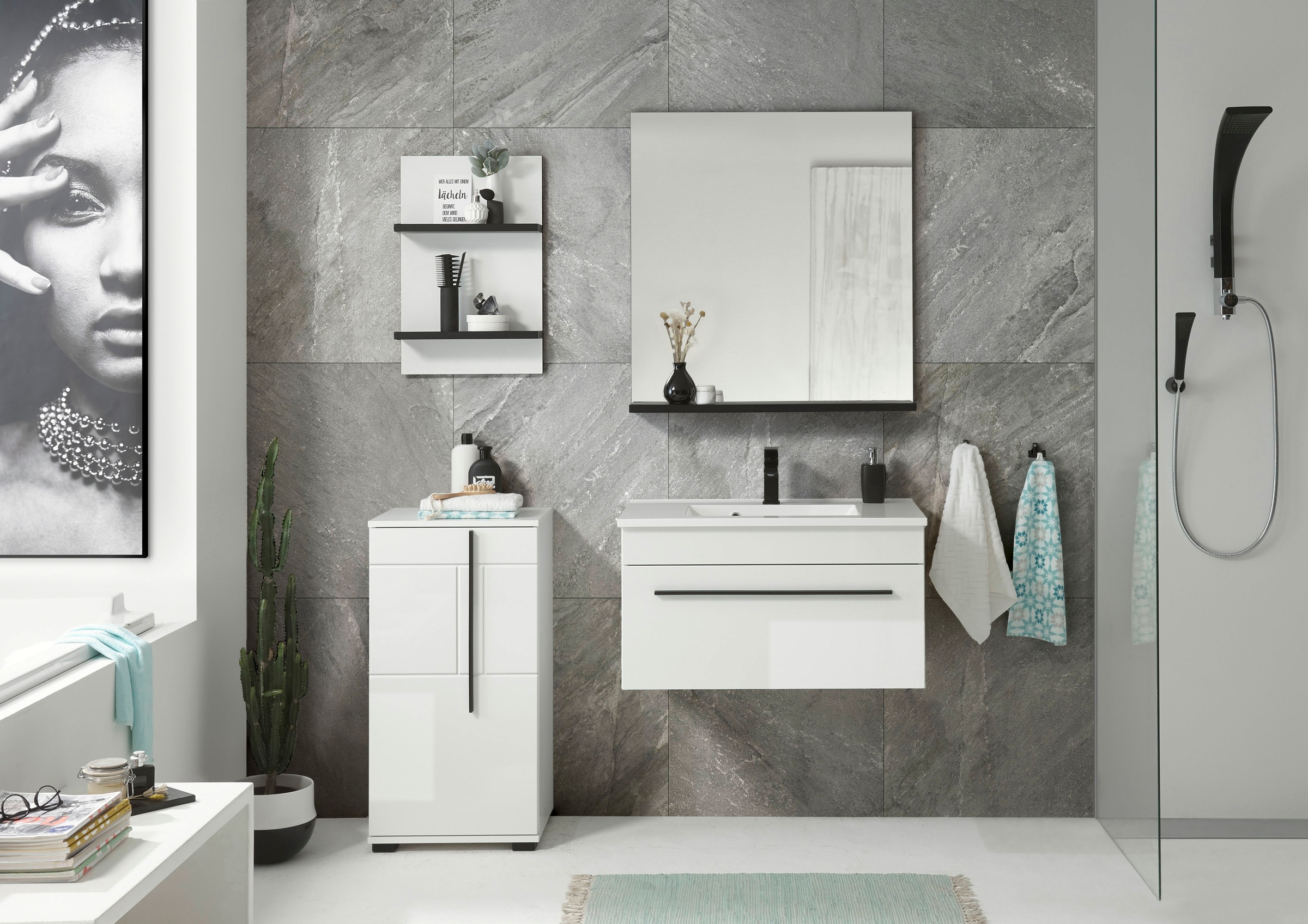 INOSIGN Badmöbel-Set »Cantara, Bad im modernen Design, 4-teiliges Badezimmer«, (Set, 4 St.), Waschtisch, Schrank, Hängeregal und Spiegel, in Weiß Hochglanz
