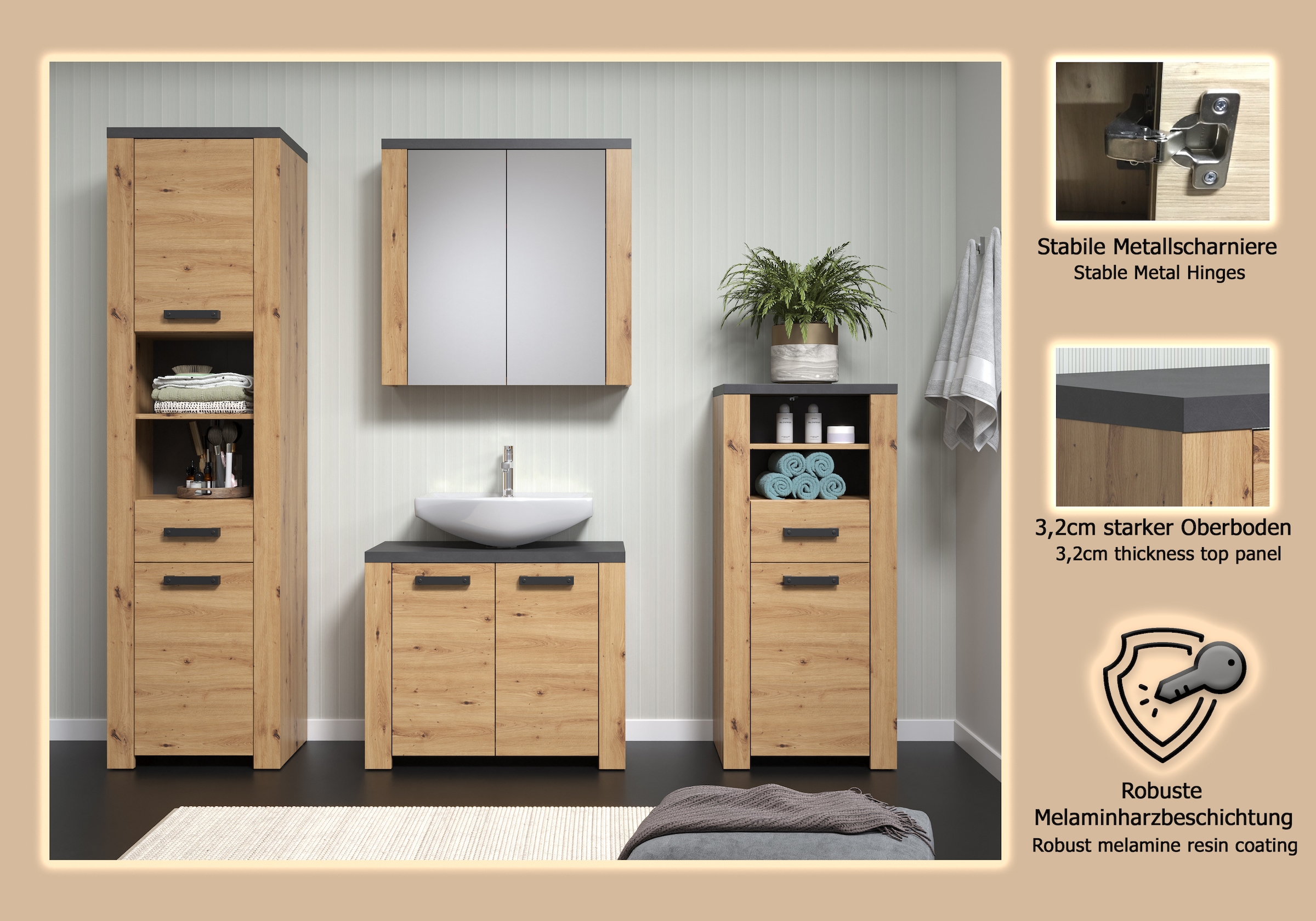 welltime Badezimmer-Set »Ambres«, (4 St.), Komplettset: Hochschrank, Spiegelschrank, Kommode & Standschrank