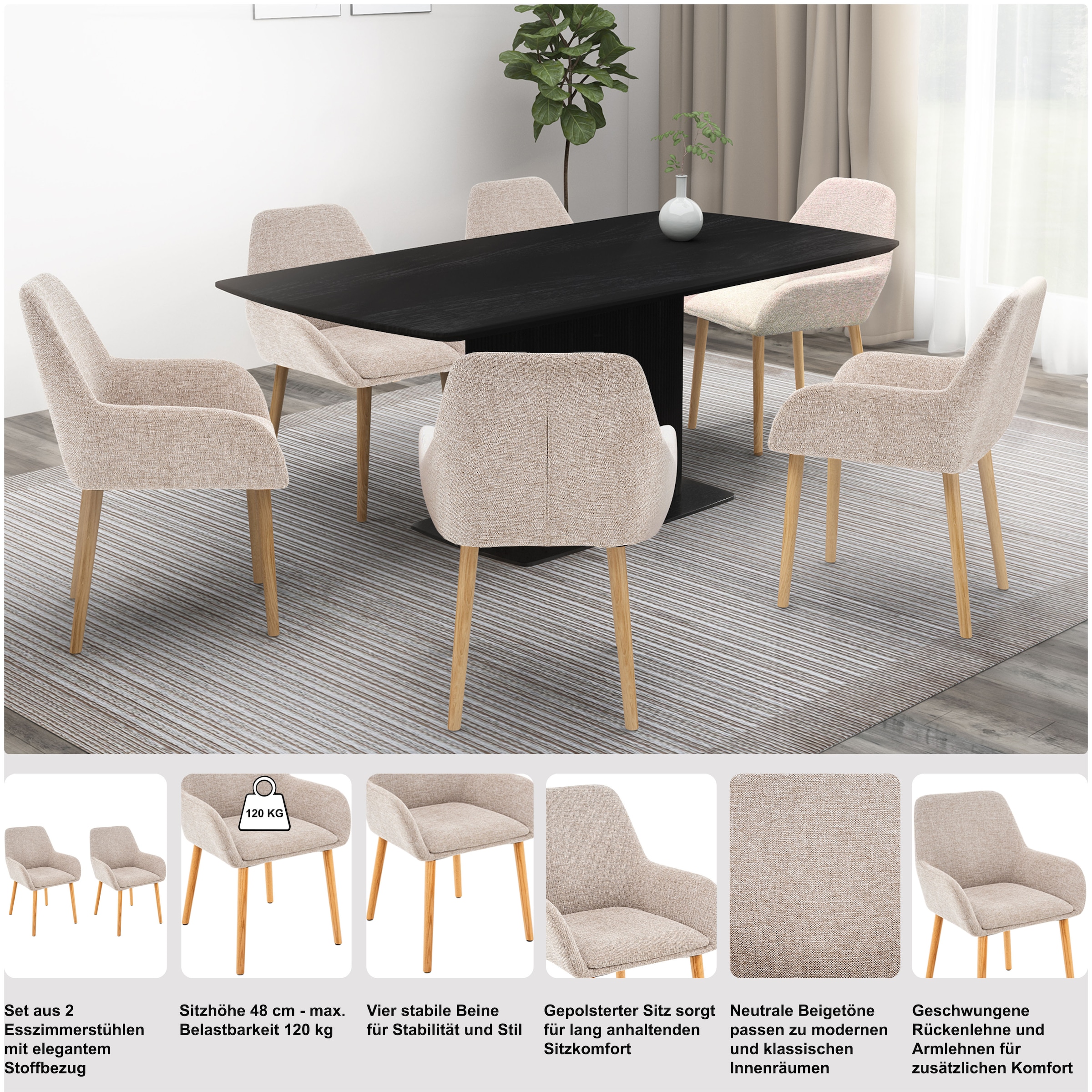 OTTO home Esszimmerstuhl »Evinnia« (Set) 2 Stk.massive Eichenholzbeine, pflegegleicher Webstoff, Sitzhöhe 48 cm