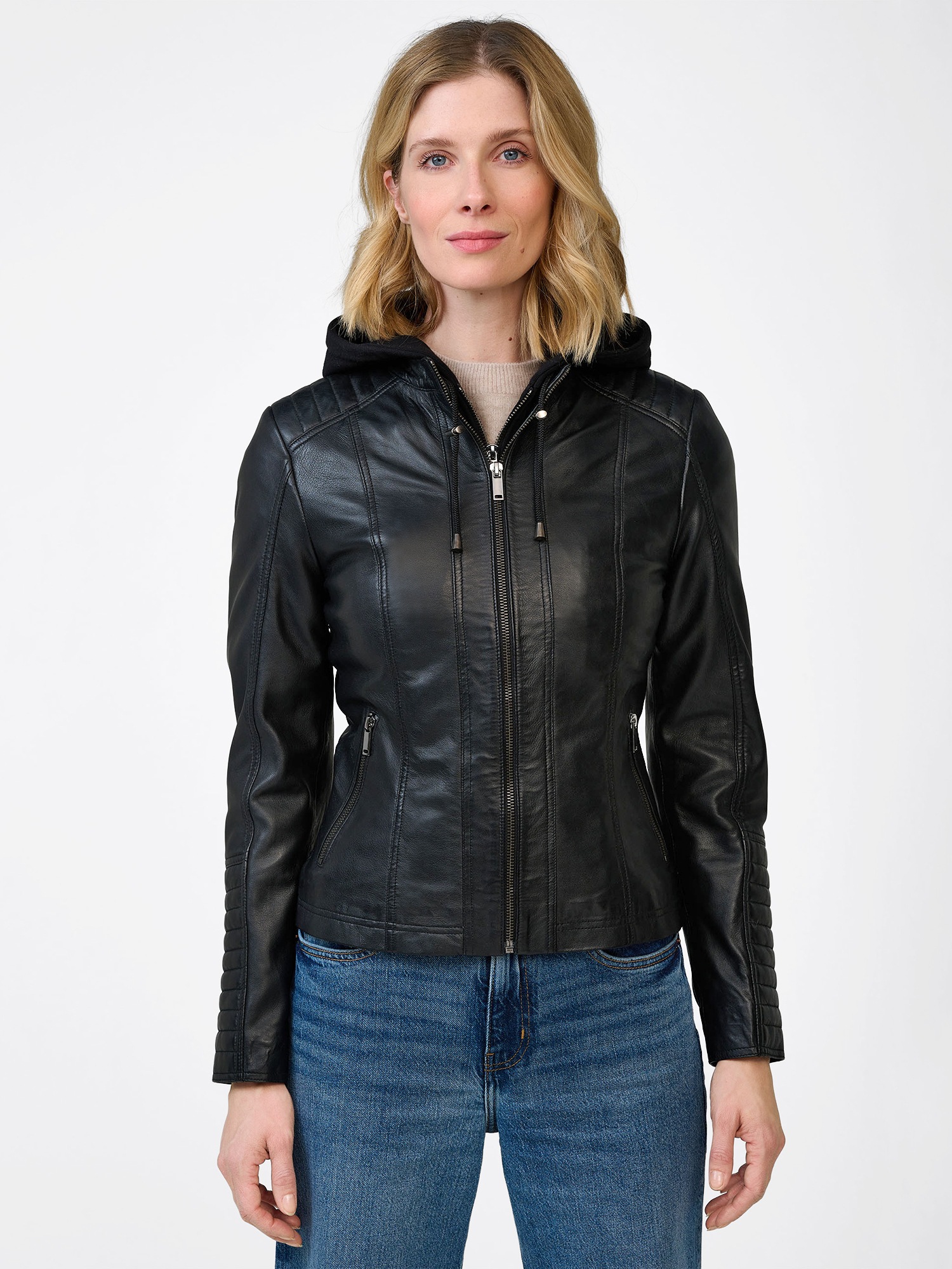 RICANO Bikerjacke »Lederjacke Rania« 2-Wege verstellbare Kapuze Handgefertigt aus echtem Leder