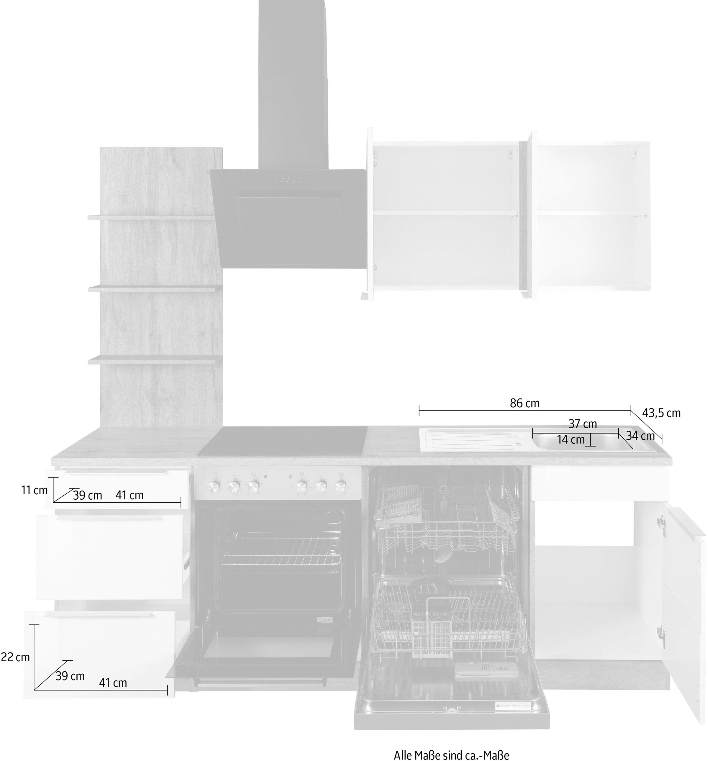 KOCHSTATION Küchenzeile »KS-Brindisi« Breite 220 cm, wahlweise mit E-Geräten, mit MDF-Fronten und Regal