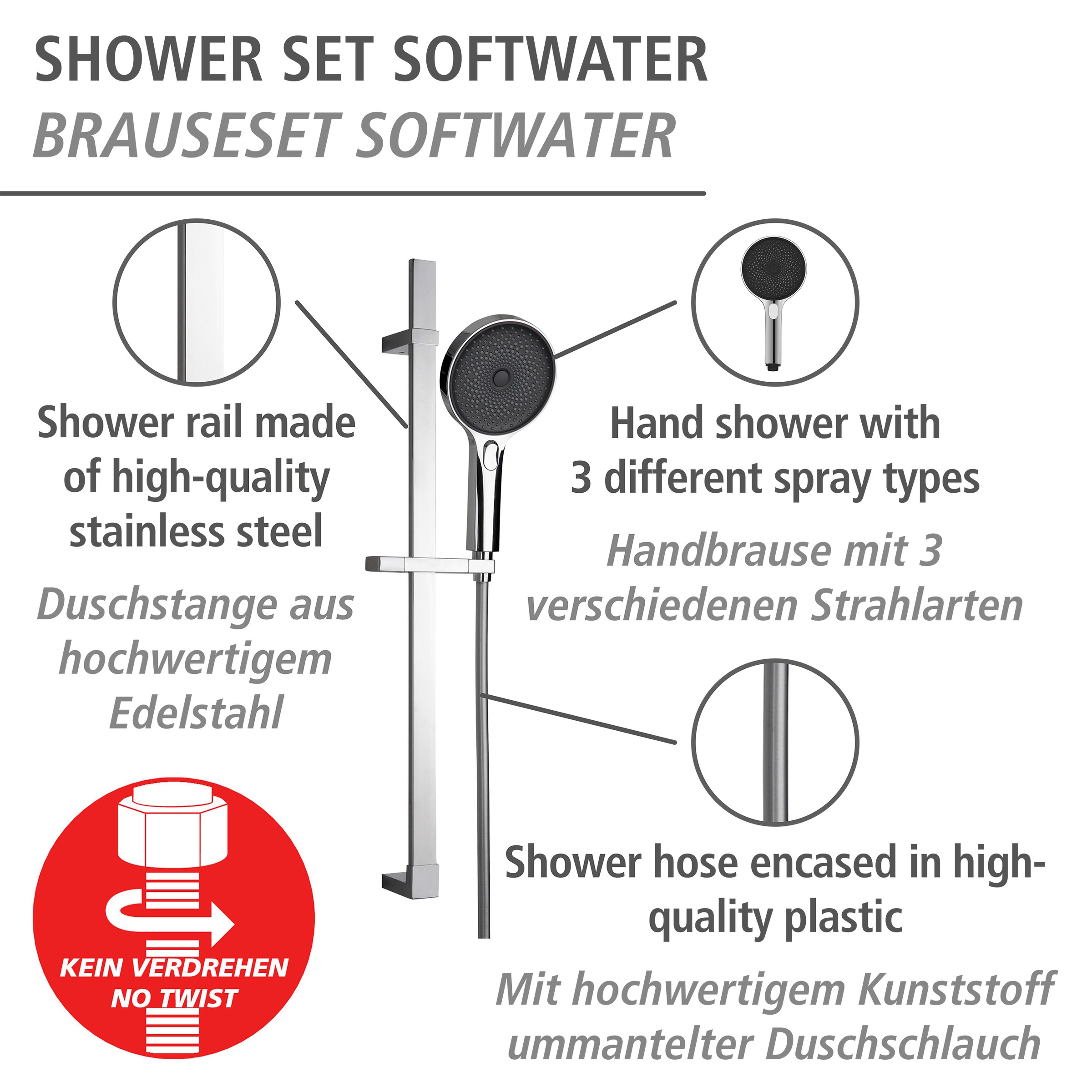 WENKO Stangenbrause-Set »Softwater«, Chrom, Länge Stange: 68 cm