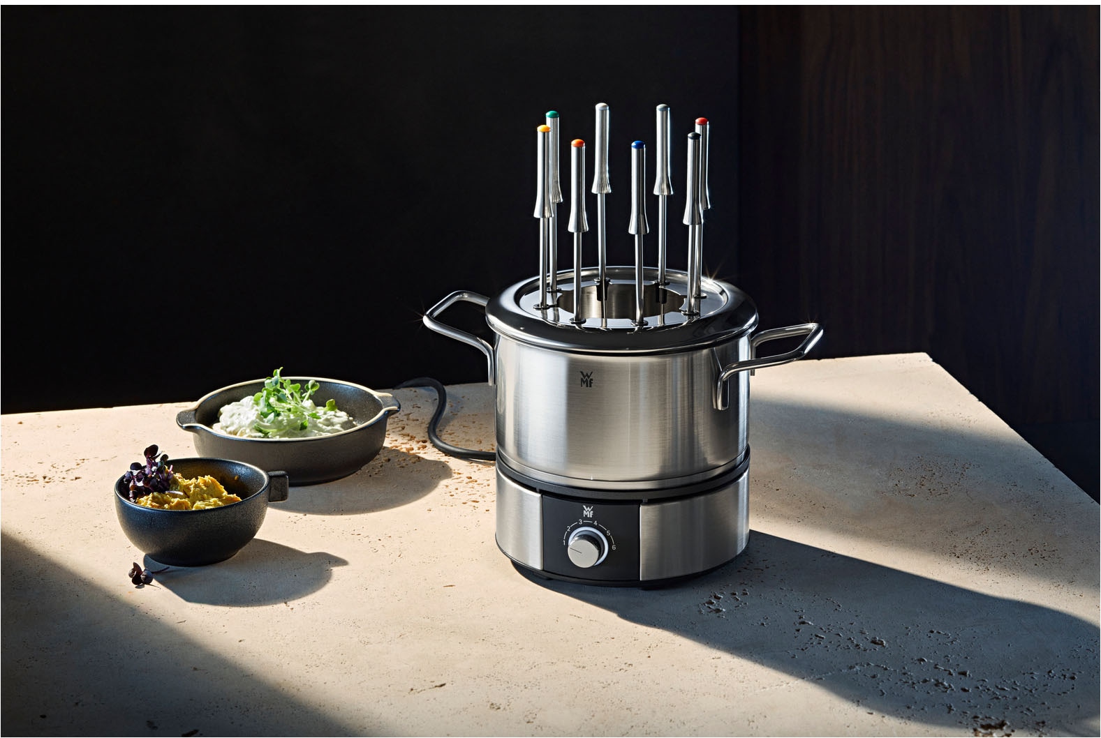 WMF Elektro-Fondue »LONO, mit Spritzschutzring, farblich markierte Fondue-Gabeln«, spülmaschinengeeignete Teile, LED-Ring, auch zum Warmhalten verwendbar