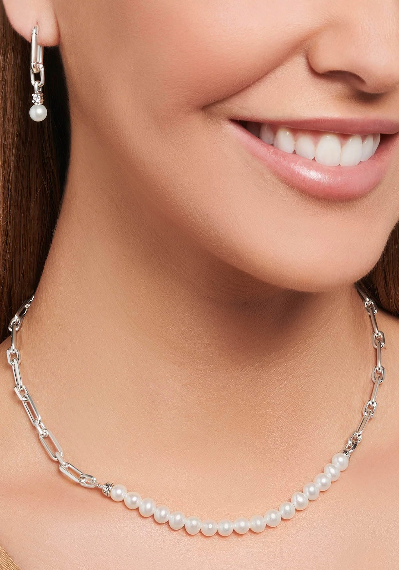 THOMAS SABO Paar Creolen »Glieder und Perlen silber, CR669-167-14«, mit Zirkonia (synth.) - mit Süßwasserzuchtperle