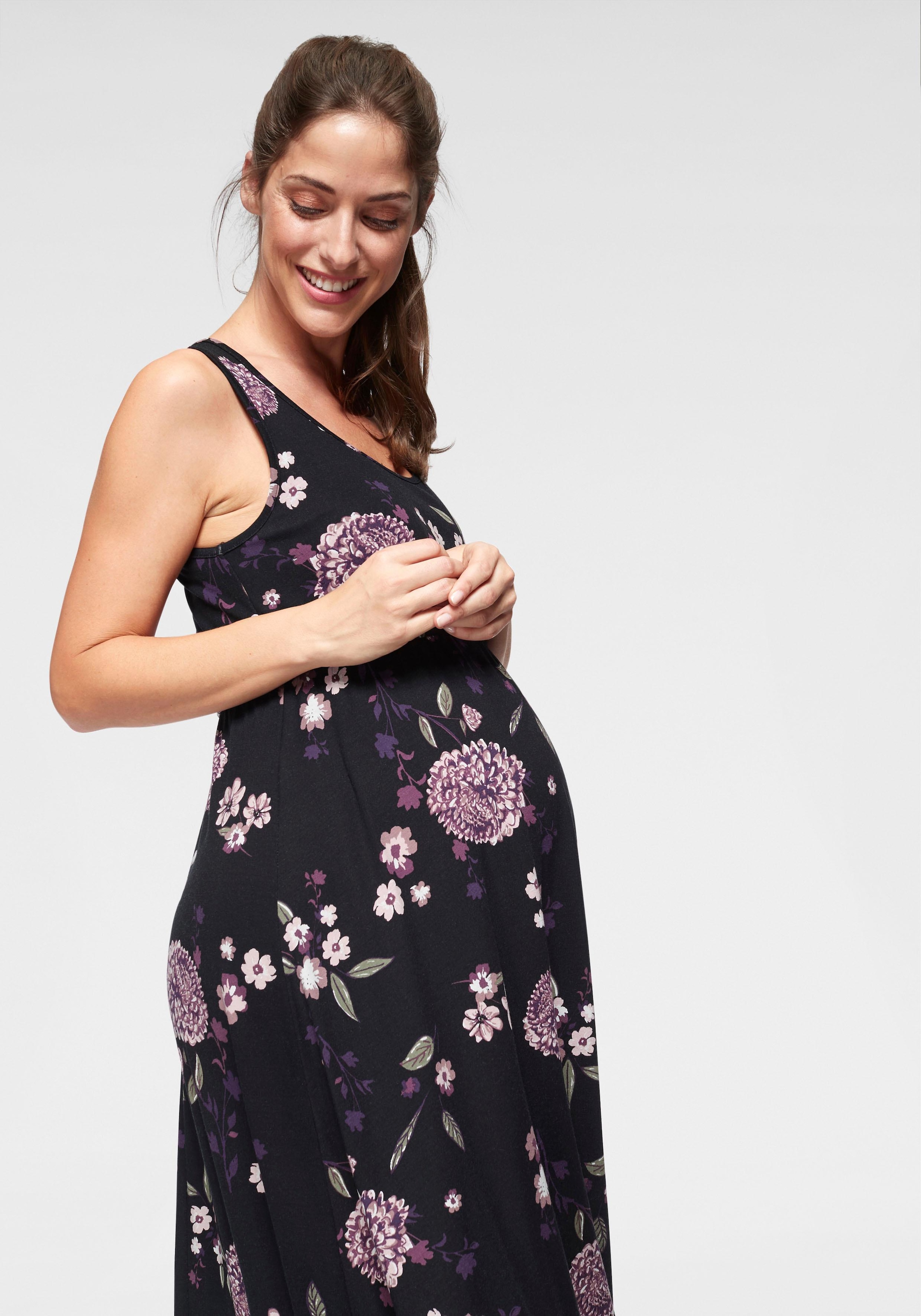 Neun Monate Umstandskleid », Für Schwangerschaft und Stillzeit«, in fließender Form und mit Blumenmuster