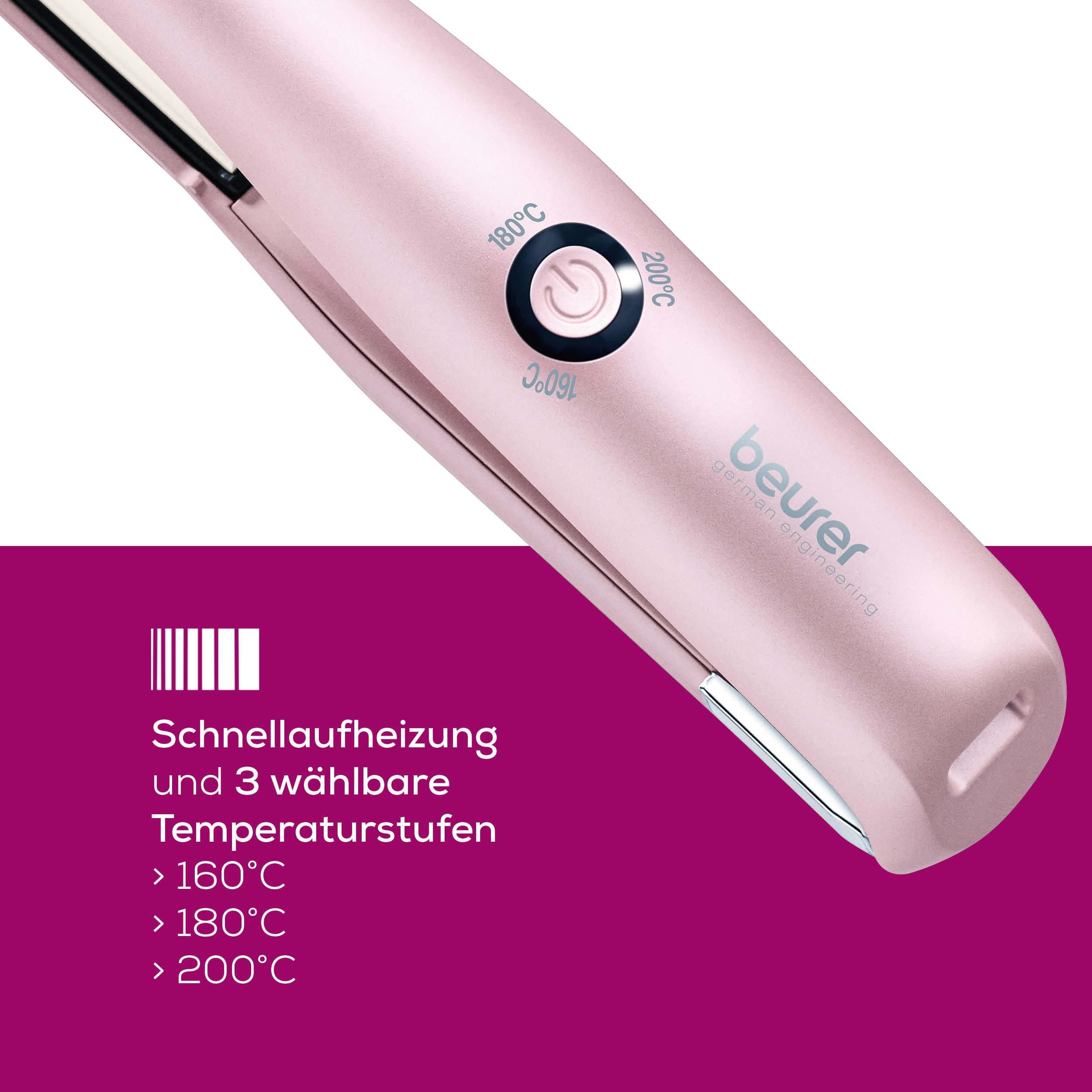 BEURER Glätteisen »HS 20 Akku-Glätteisen to go, kabellose Anwendung für 30 Minuten«, Keramik-Turmalin-Beschichtung, 3 Temperaturstufen (160, 180, 200°C), inkl. Schutzkappe und USB-Kabel