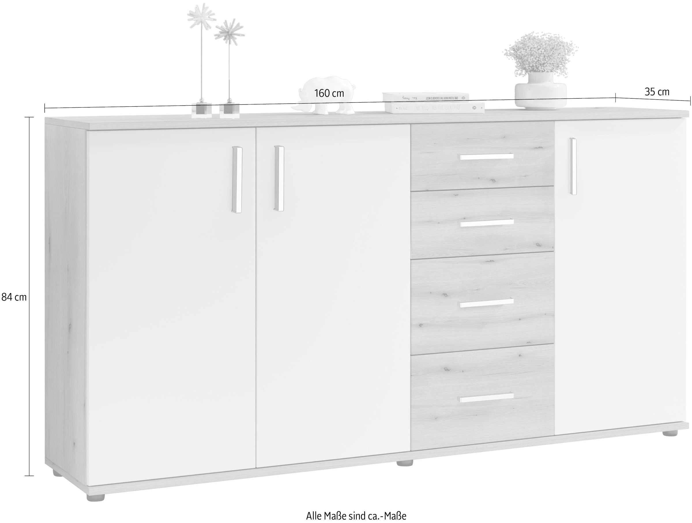HBZ Kommode »BC-Drift-2, Sideboard Stellmaß BxHxT 160x84x35 cm«, (1 St.), Sideboard mit 3 Türen und 4 Schubkästen, 2 Einlegeböden