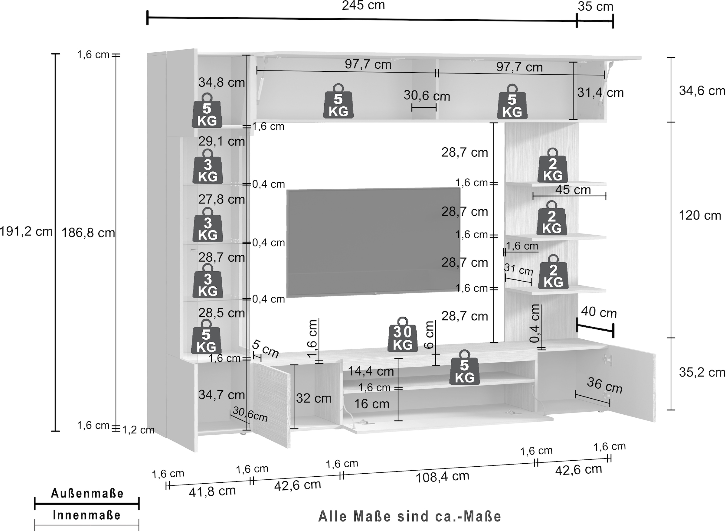OTTO home Wohnwand »Wohnwand New Egypt, Anbauwand, Medienwand, Wohnzimmerwand« Weiß in Hochglanz, alle anderen Farben in matter Ausführung., 4 Stk. tlg.