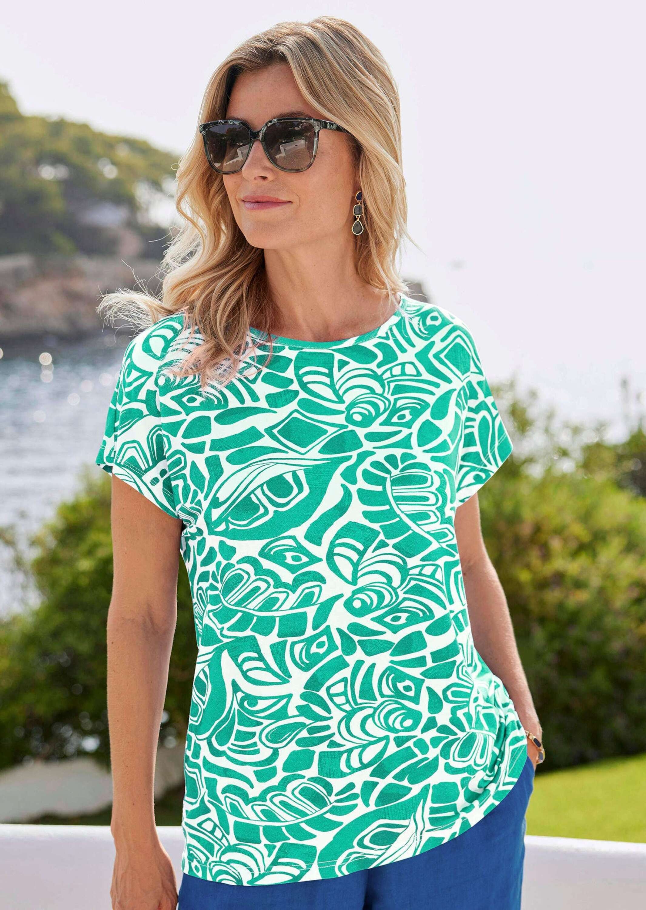 GOLDNER Print-Shirt »Kurzgröße Damen Oberteil Ethnoprint Kurzarm«